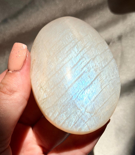 Stunning Moonstone Palm Stone with Blue Flash | Flashy White Moonstone Worry Stone
