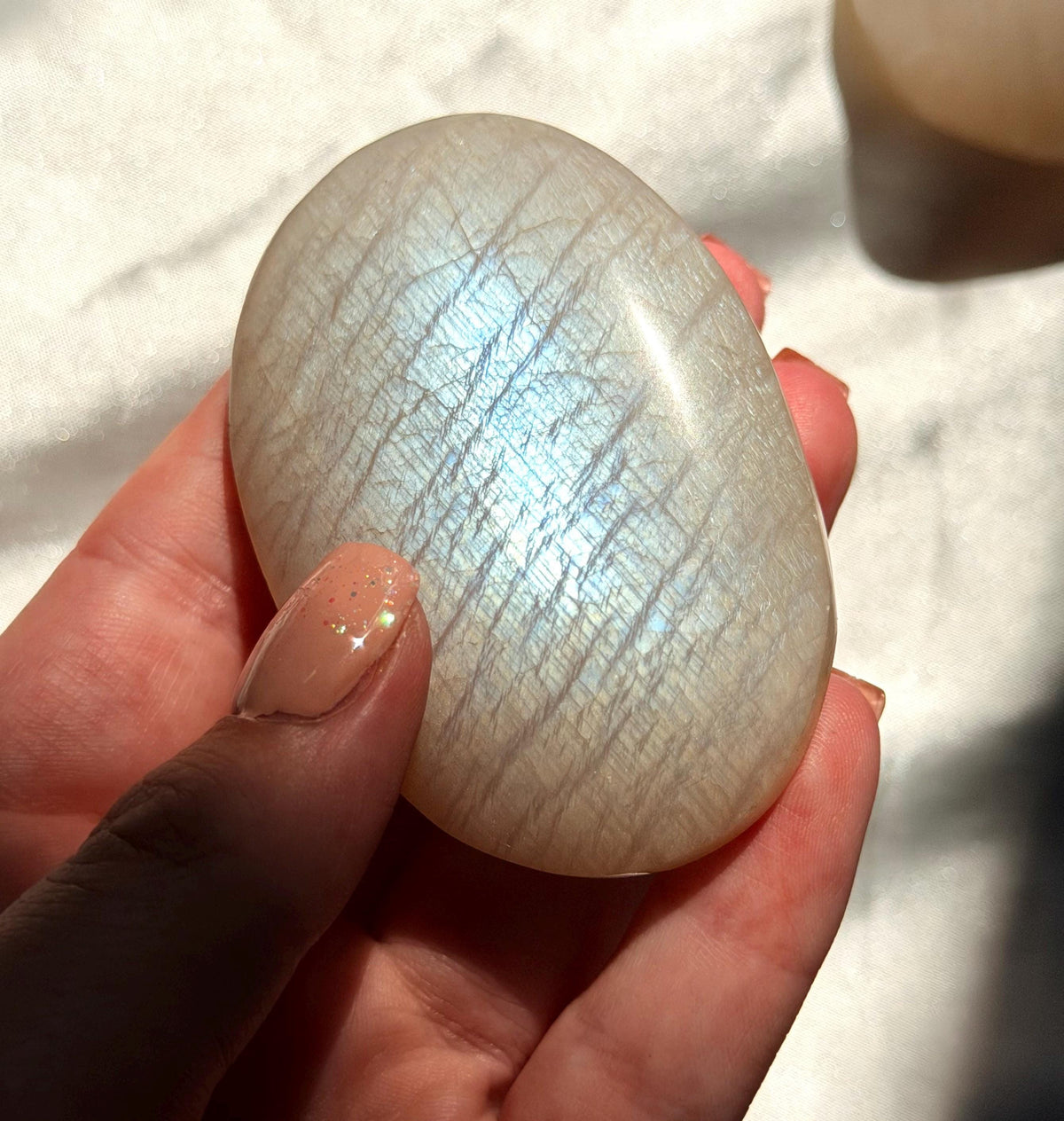 Stunning Moonstone Palm Stone with Blue Flash | Flashy White Moonstone Worry Stone
