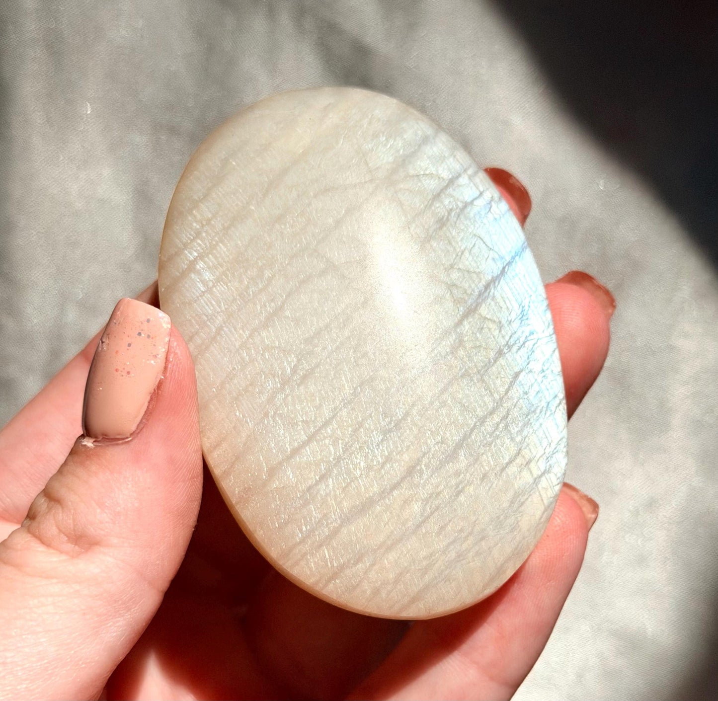 Stunning Moonstone Palm Stone with Blue Flash | Flashy White Moonstone Worry Stone