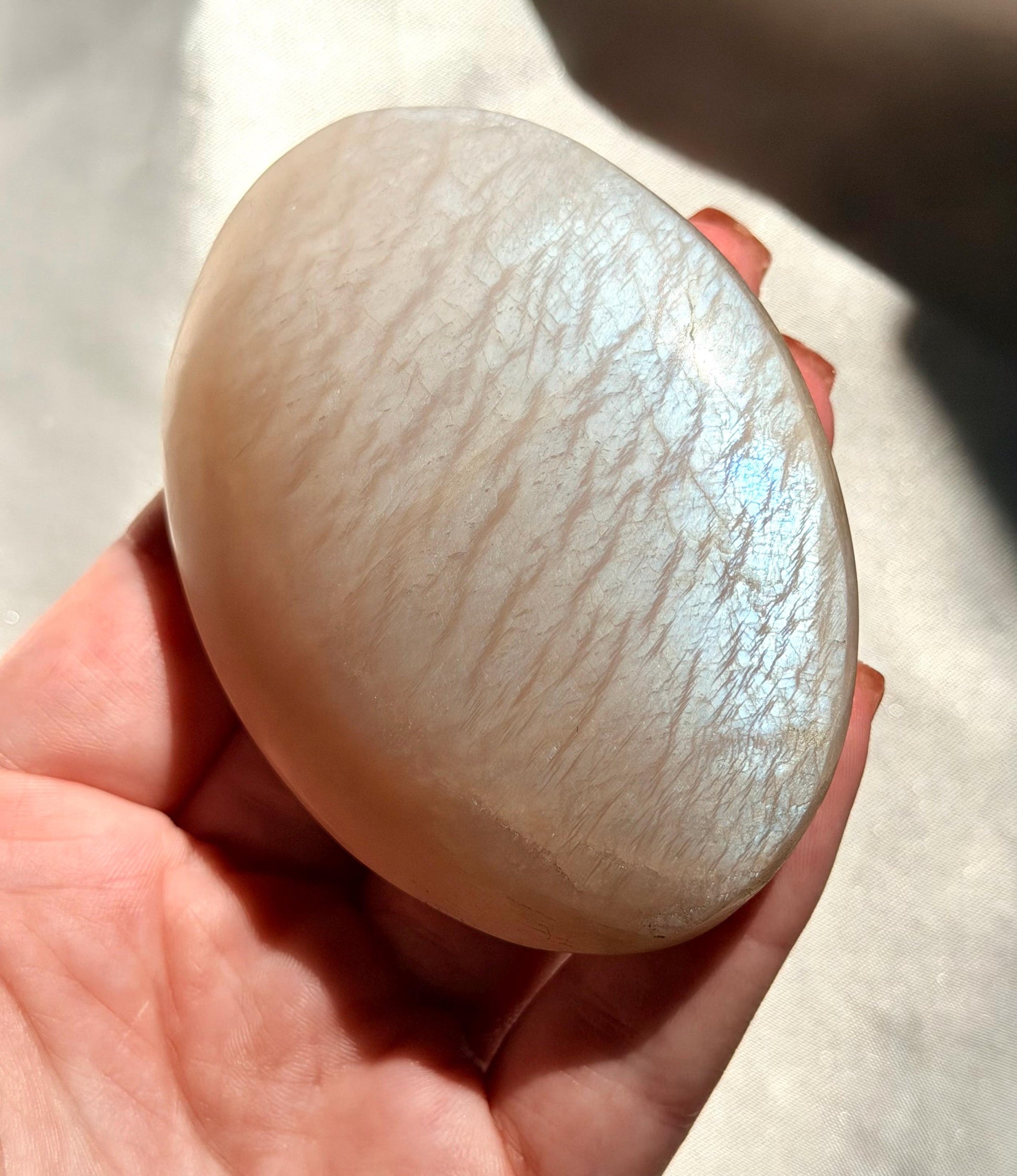 Stunning Moonstone Palm Stone with Blue Flash | Flashy White Moonstone Worry Stone