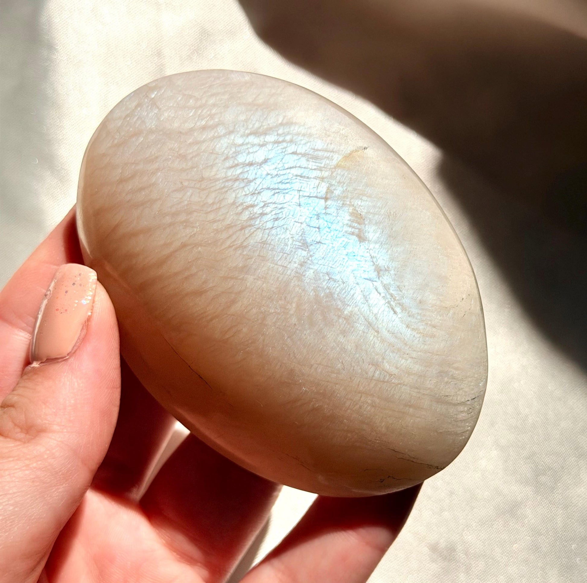 Stunning Moonstone Palm Stone with Blue Flash | Flashy White Moonstone Worry Stone