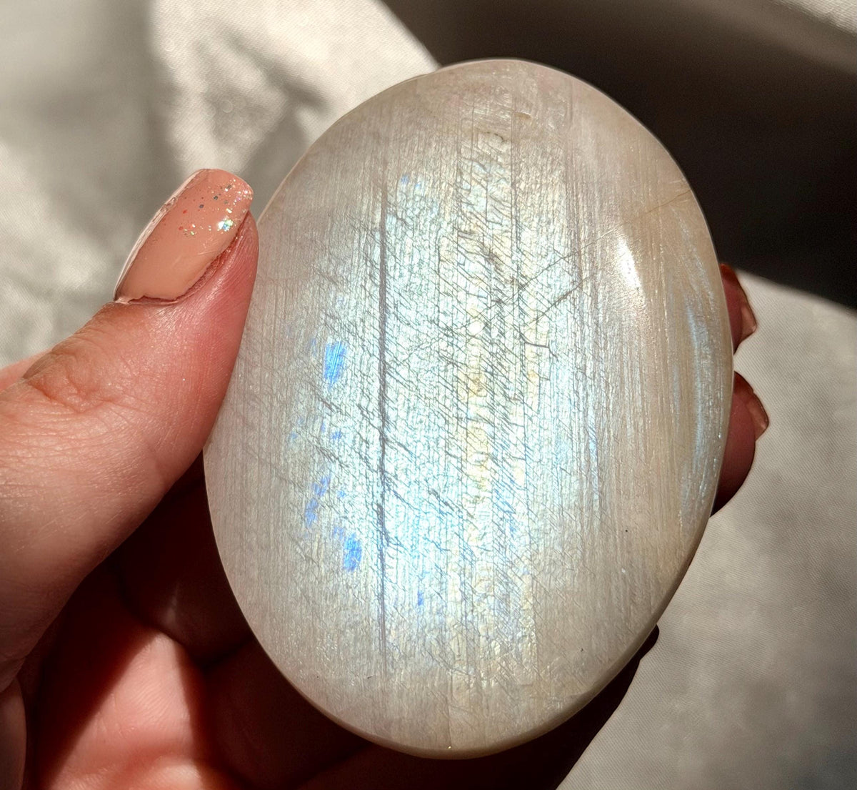 Stunning Moonstone Palm Stone with Blue Flash | Flashy White Moonstone Worry Stone