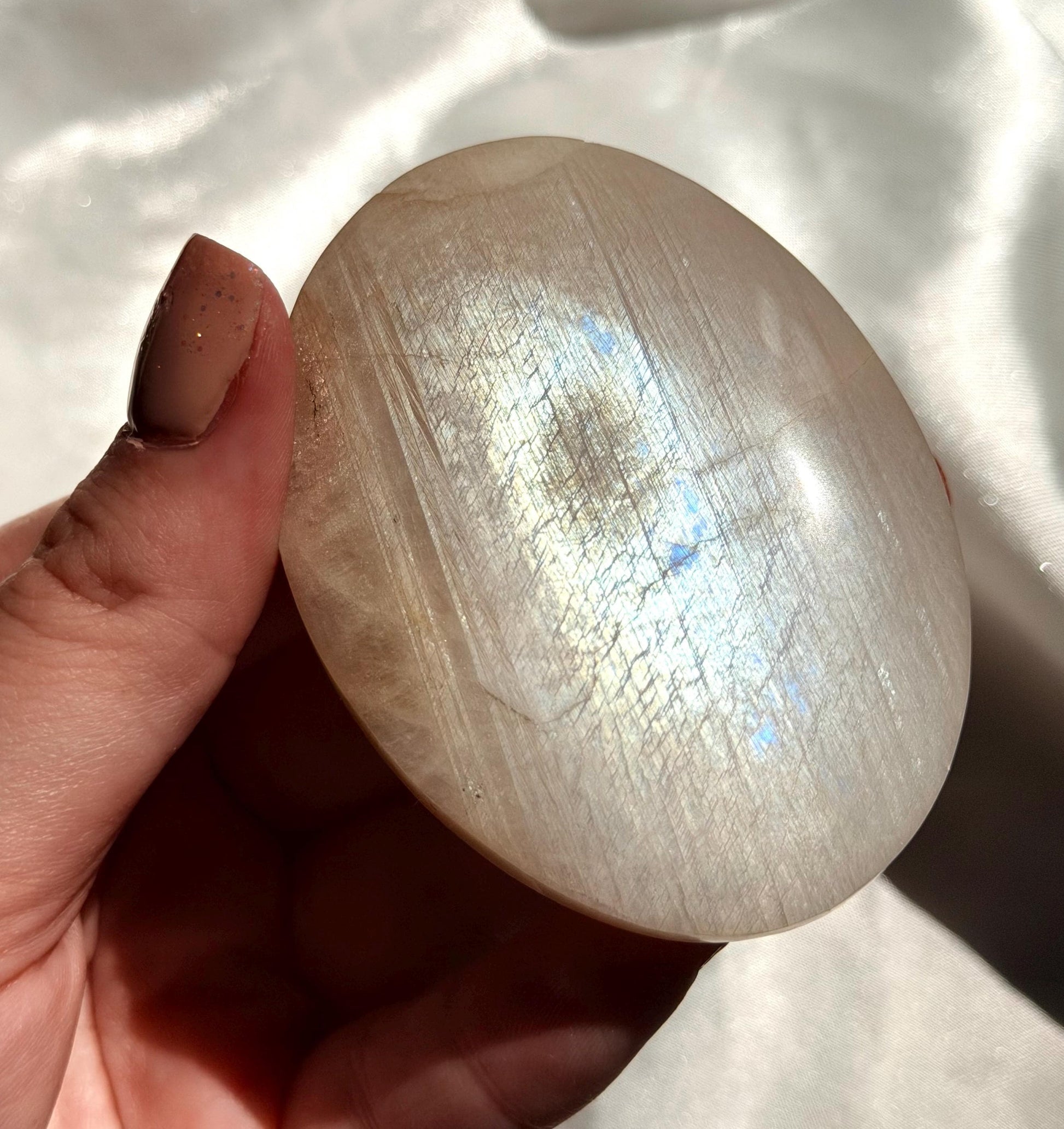 Stunning Moonstone Palm Stone with Blue Flash | Flashy White Moonstone Worry Stone