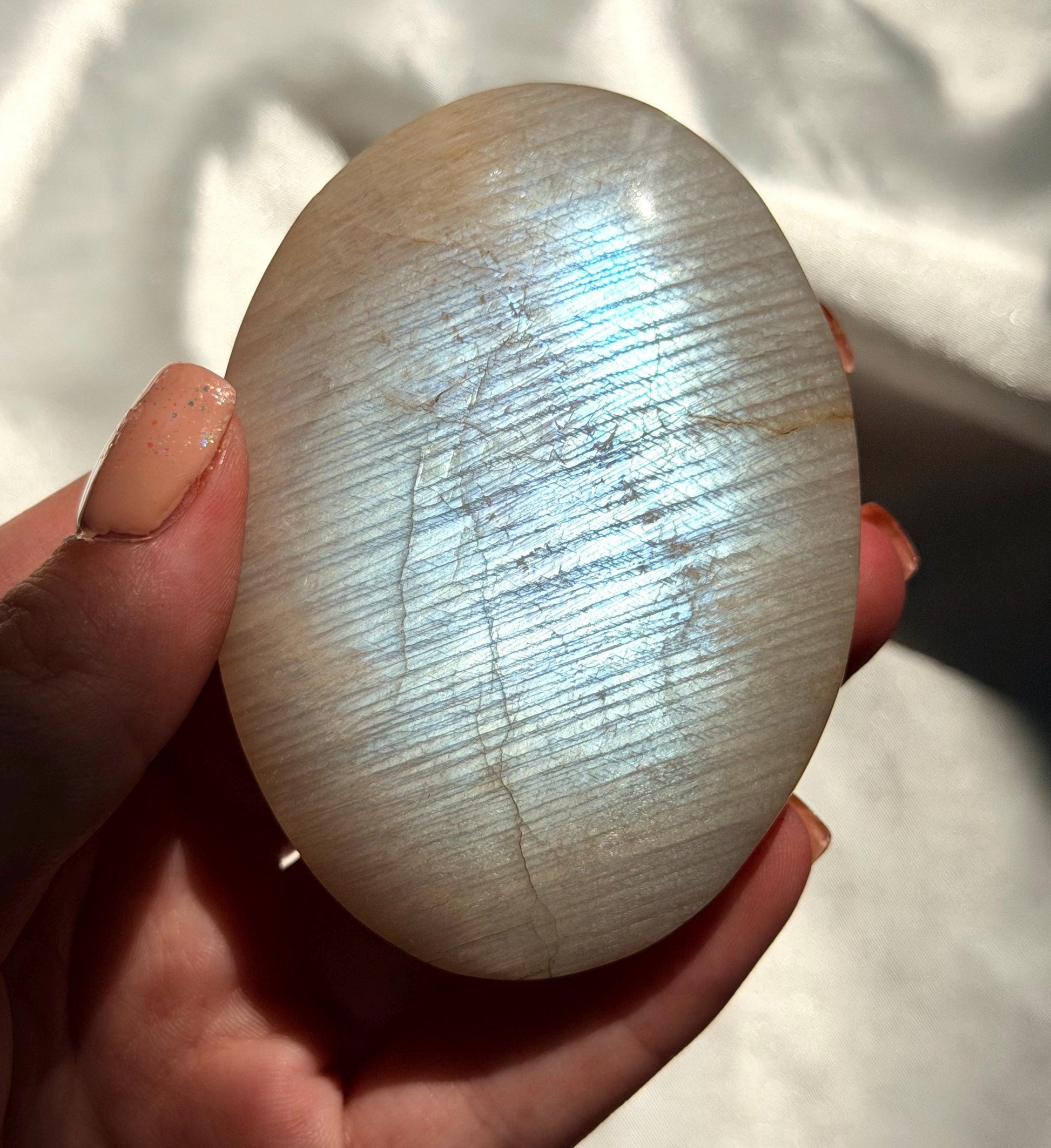Stunning Moonstone Palm Stone with Blue Flash | Flashy White Moonstone Worry Stone
