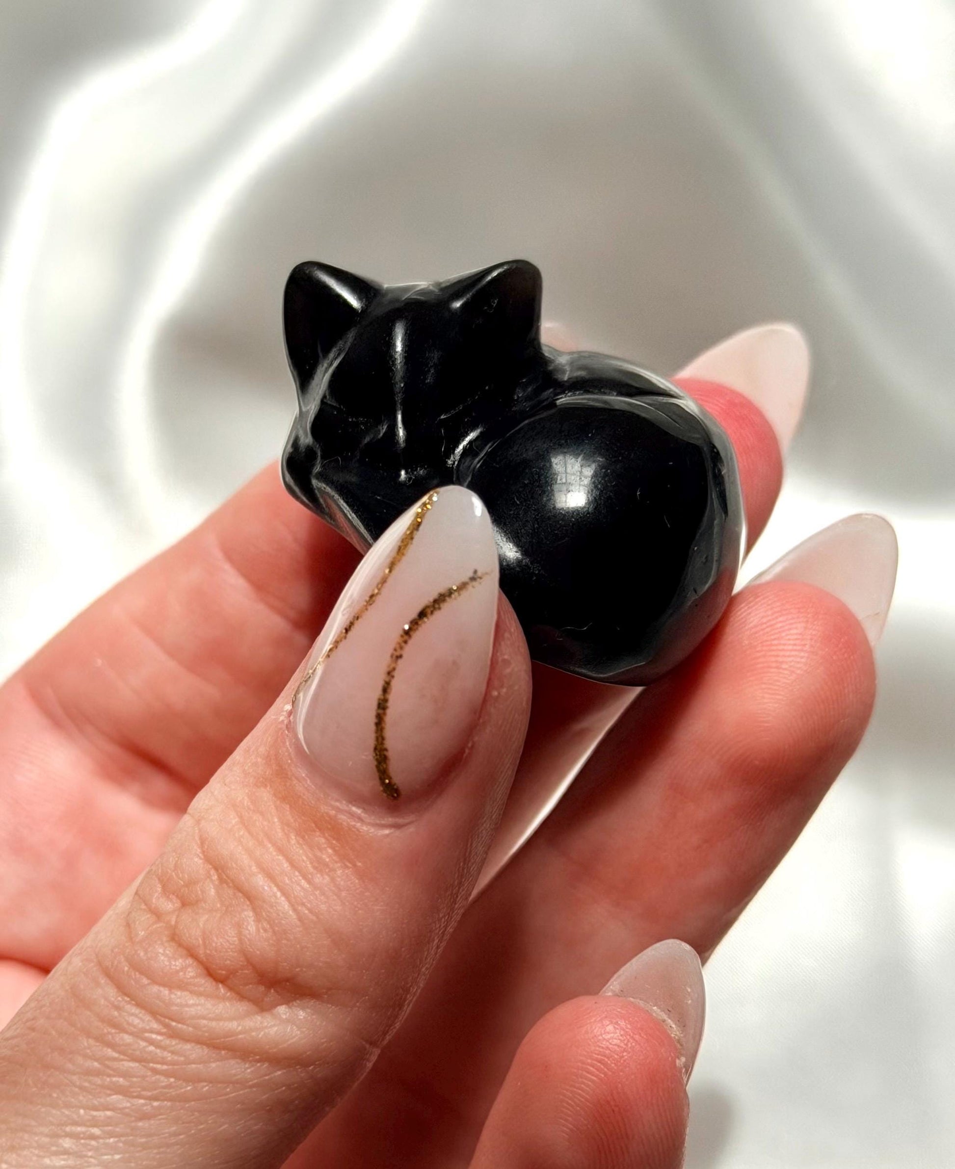 One (1) Silver Sheen Obsidian Sleeping Cat Carving | Obsidian Cat | Black Obsidian Feline