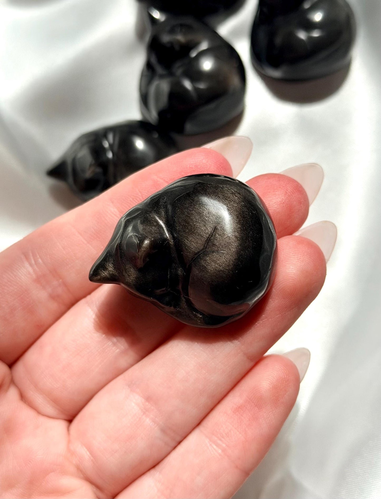 One (1) Silver Sheen Obsidian Sleeping Cat Carving | Obsidian Cat | Black Obsidian Feline