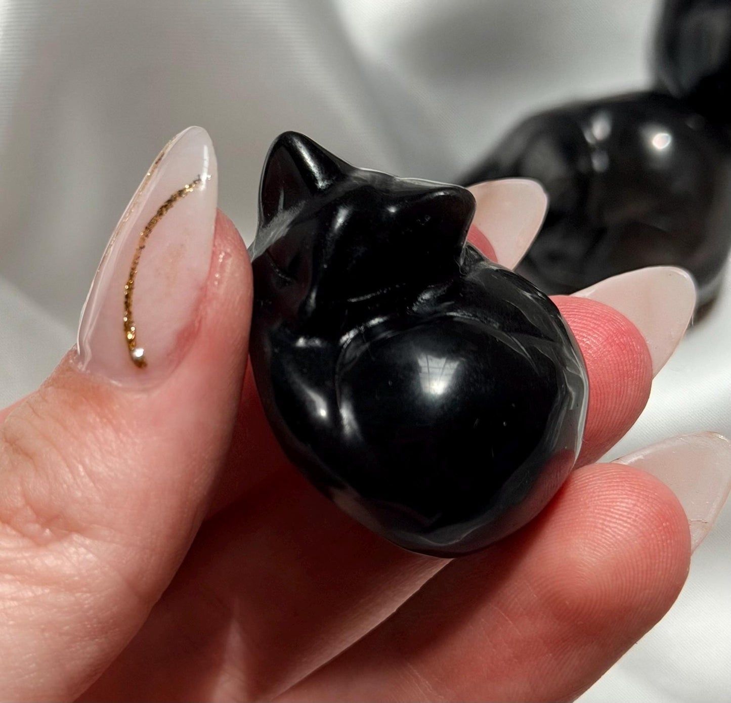 One (1) Silver Sheen Obsidian Sleeping Cat Carving | Obsidian Cat | Black Obsidian Feline