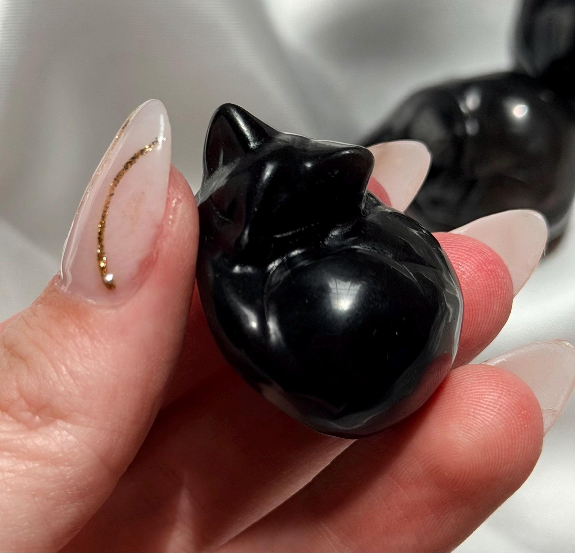 One (1) Silver Sheen Obsidian Sleeping Cat Carving | Obsidian Cat | Black Obsidian Feline