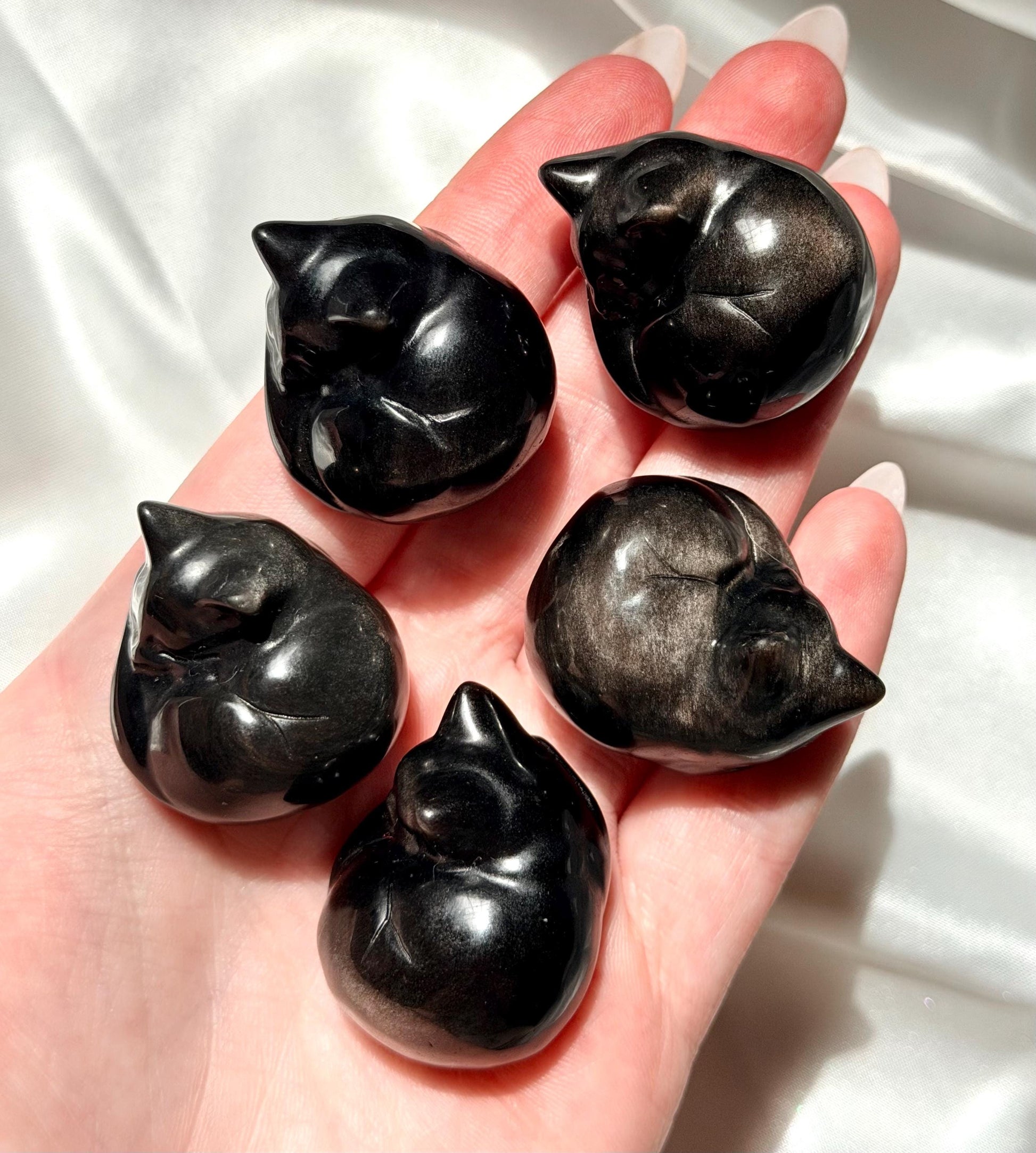 One (1) Silver Sheen Obsidian Sleeping Cat Carving | Obsidian Cat | Black Obsidian Feline
