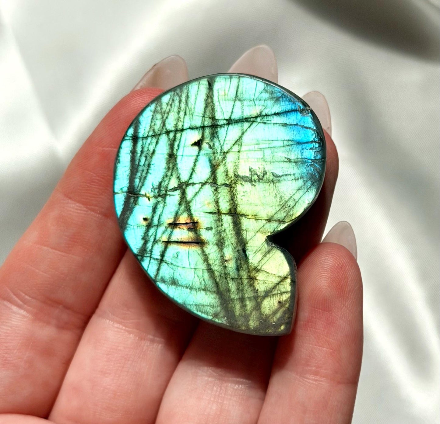 Flashy Labradorite Ammonite Carving | Blue Green Flash Crystal Fossil | Madagascar Labradorite Shell