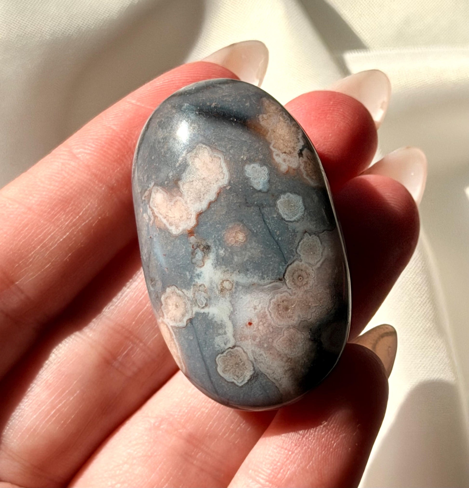 Blue Flower Agate Palm Stone | Natural Blue Flower Agate Crystal | Healing Crystal for Calm & Growth | Meditation Worry Stone