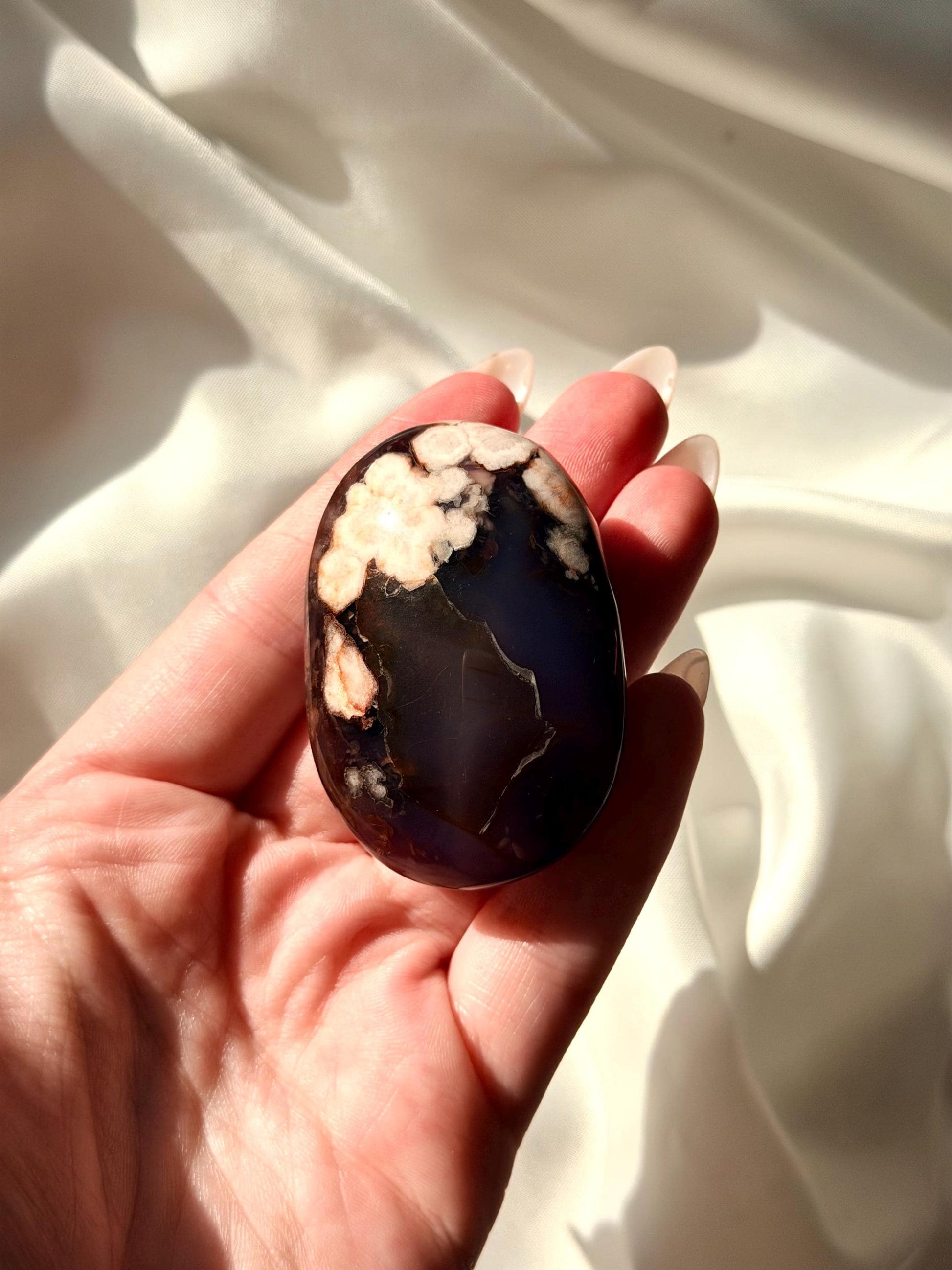 Blue Flower Agate Palm Stone | Natural Blue Flower Agate Crystal | Healing Crystal for Calm & Growth | Meditation Worry Stone
