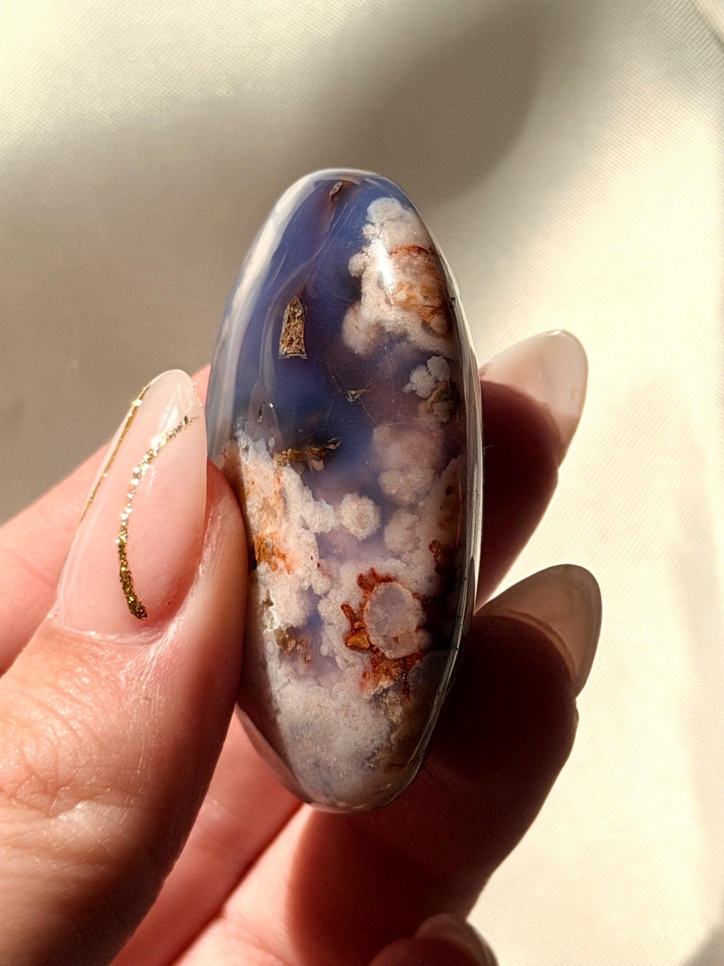Blue Flower Agate Palm Stone | Natural Blue Flower Agate Crystal | Healing Crystal for Calm & Growth | Meditation Worry Stone