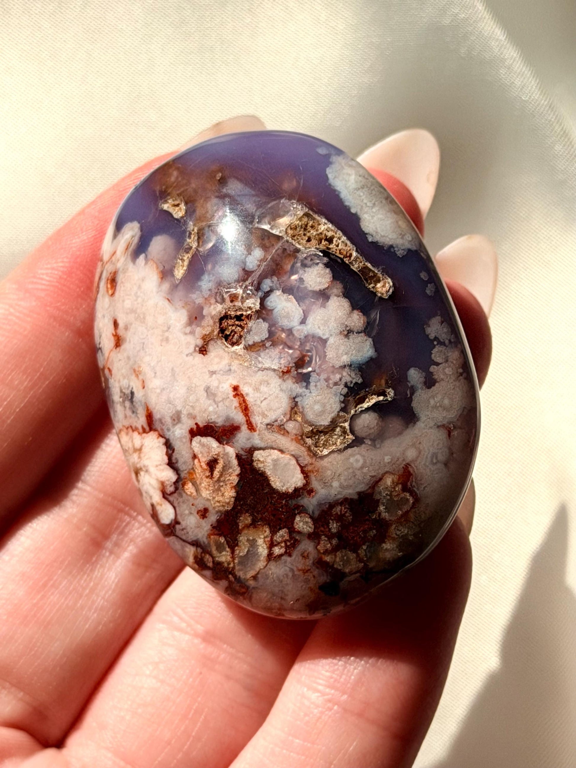 Blue Flower Agate Palm Stone | Natural Blue Flower Agate Crystal | Healing Crystal for Calm & Growth | Meditation Worry Stone