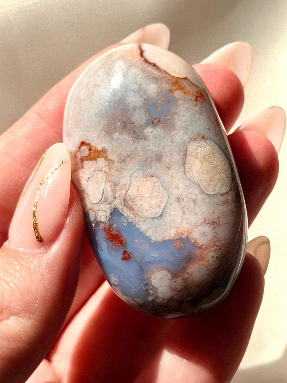 Blue Flower Agate Palm Stone | Natural Blue Flower Agate Crystal | Healing Crystal for Calm & Growth | Meditation Worry Stone
