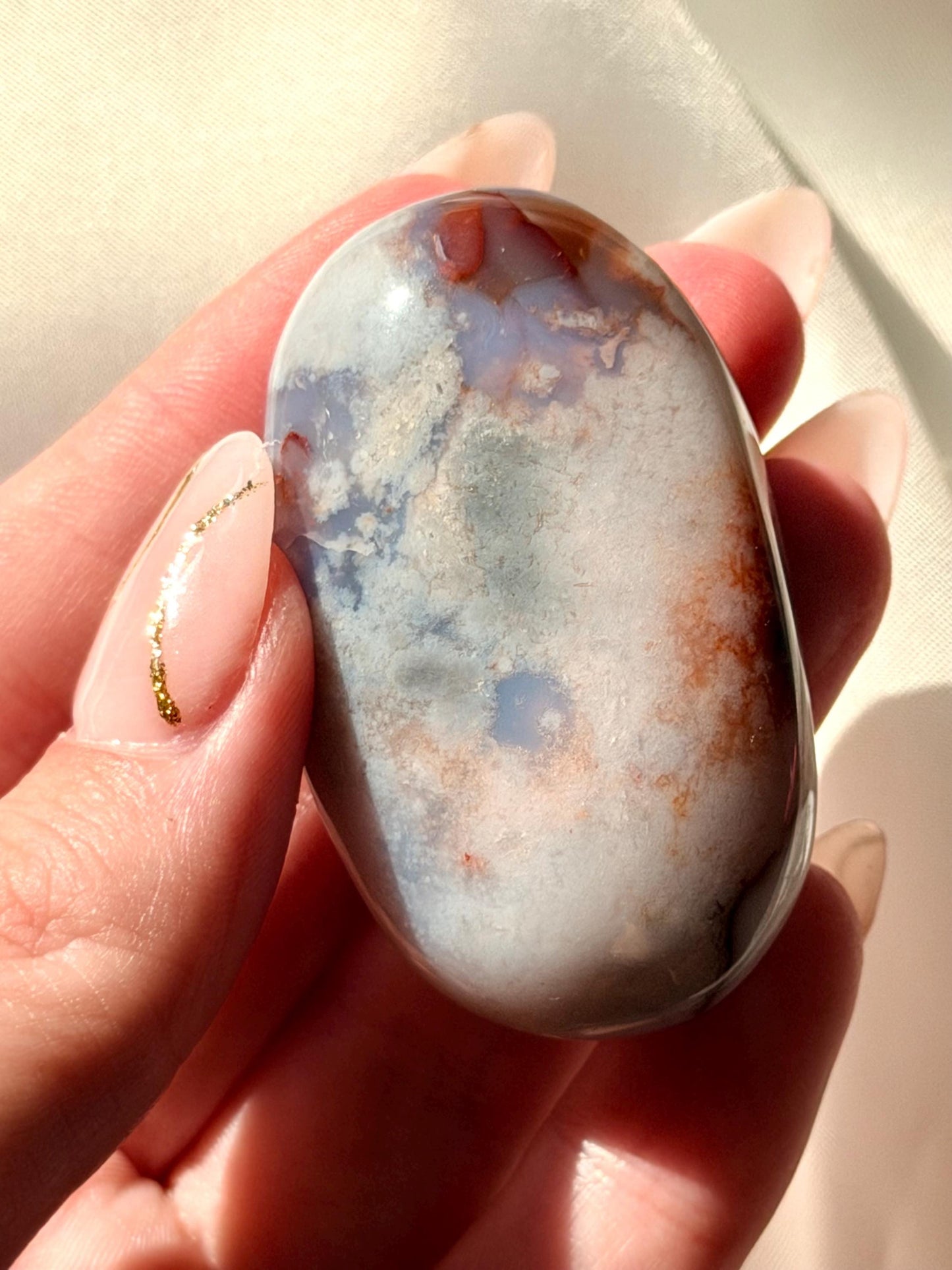 Blue Flower Agate Palm Stone | Natural Blue Flower Agate Crystal | Healing Crystal for Calm & Growth | Meditation Worry Stone