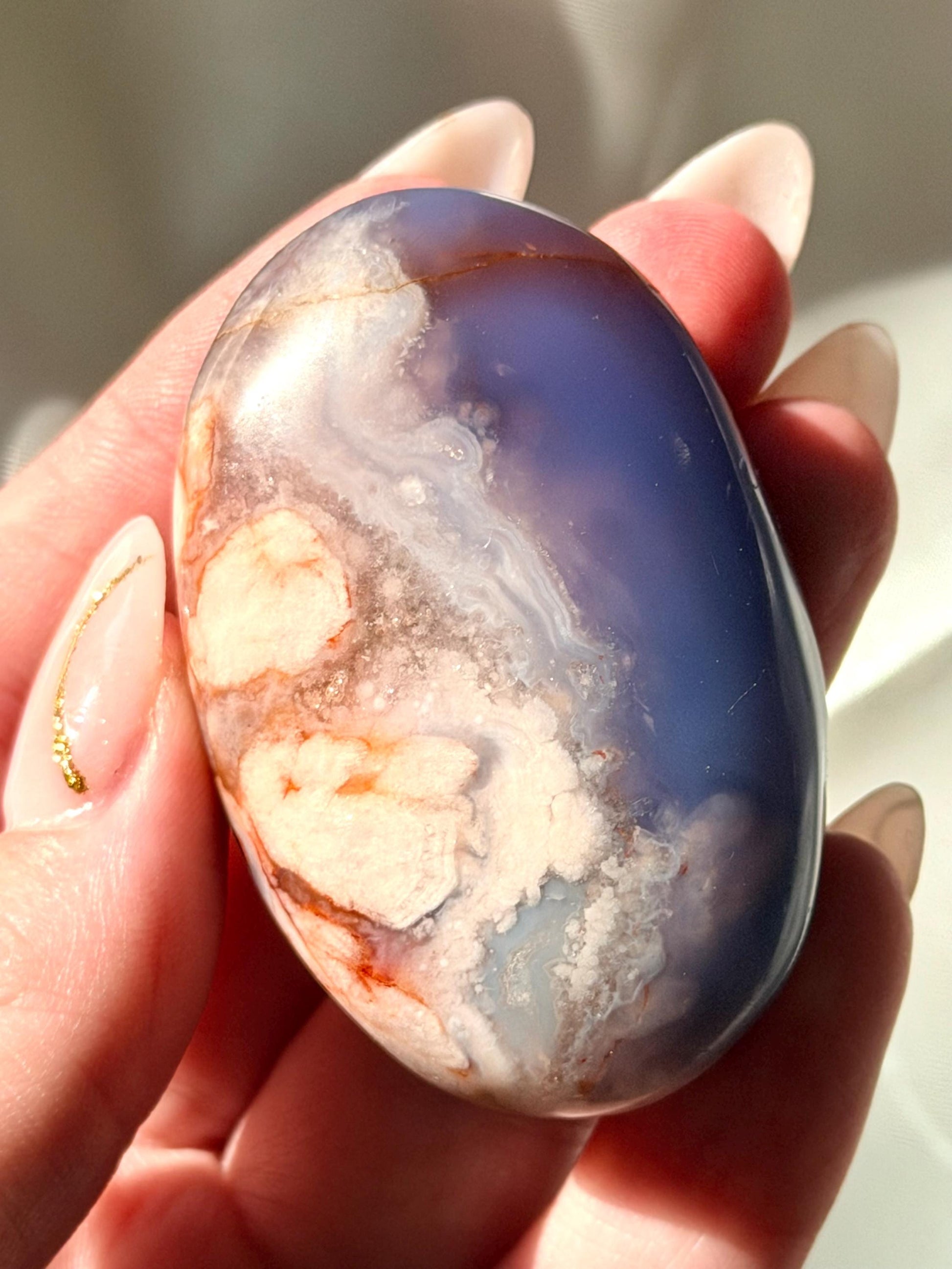 Blue Flower Agate Palm Stone | Natural Blue Flower Agate Crystal | Healing Crystal for Calm & Growth | Meditation Worry Stone