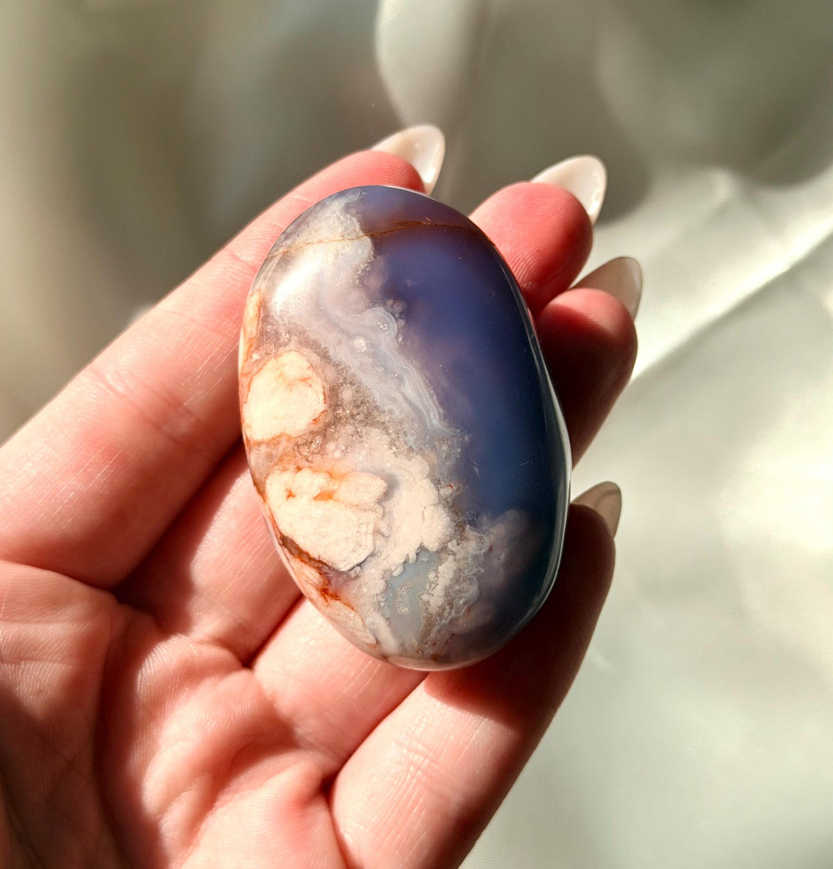 Blue Flower Agate Palm Stone | Natural Blue Flower Agate Crystal | Healing Crystal for Calm & Growth | Meditation Worry Stone