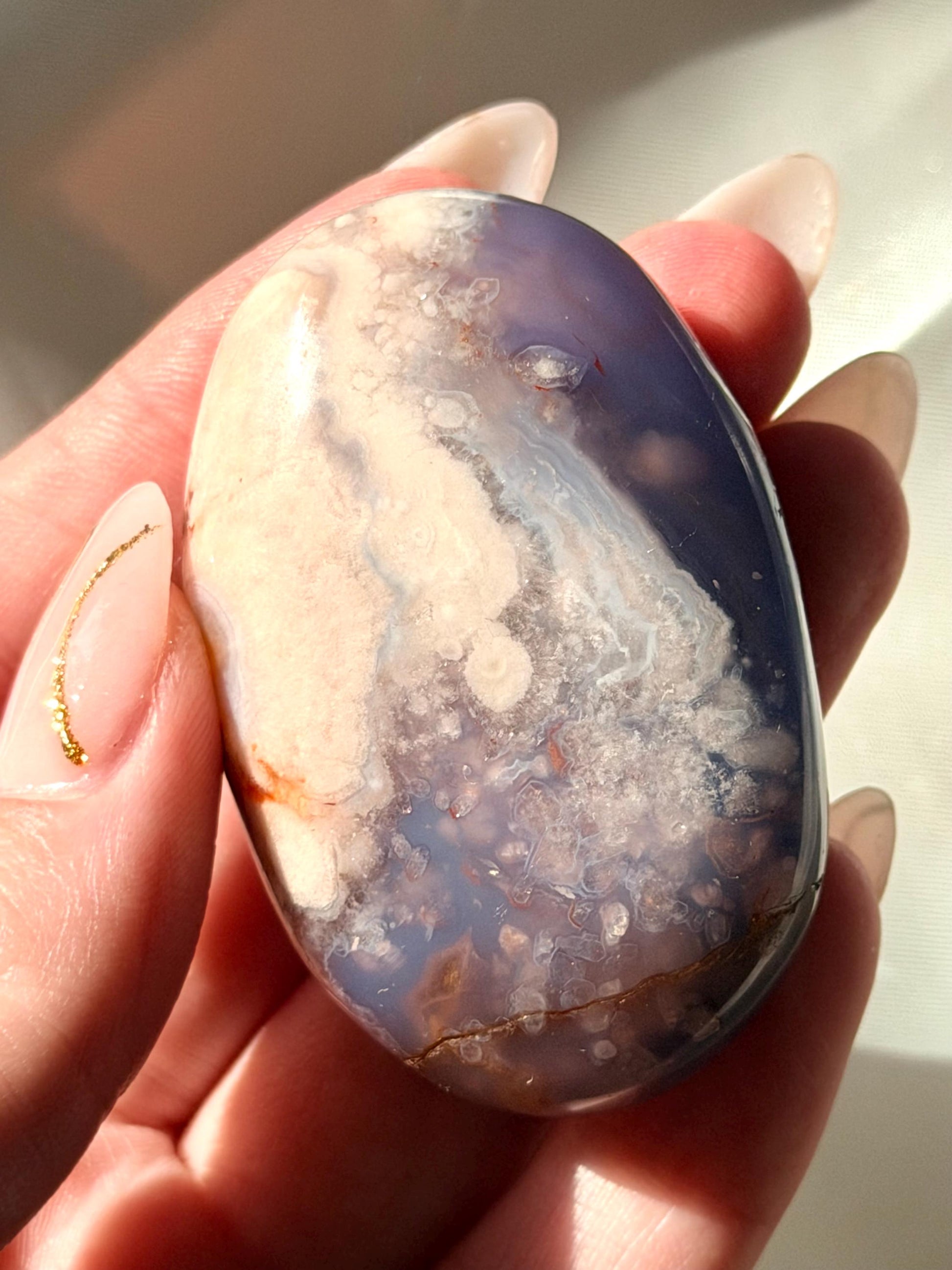 Blue Flower Agate Palm Stone | Natural Blue Flower Agate Crystal | Healing Crystal for Calm & Growth | Meditation Worry Stone
