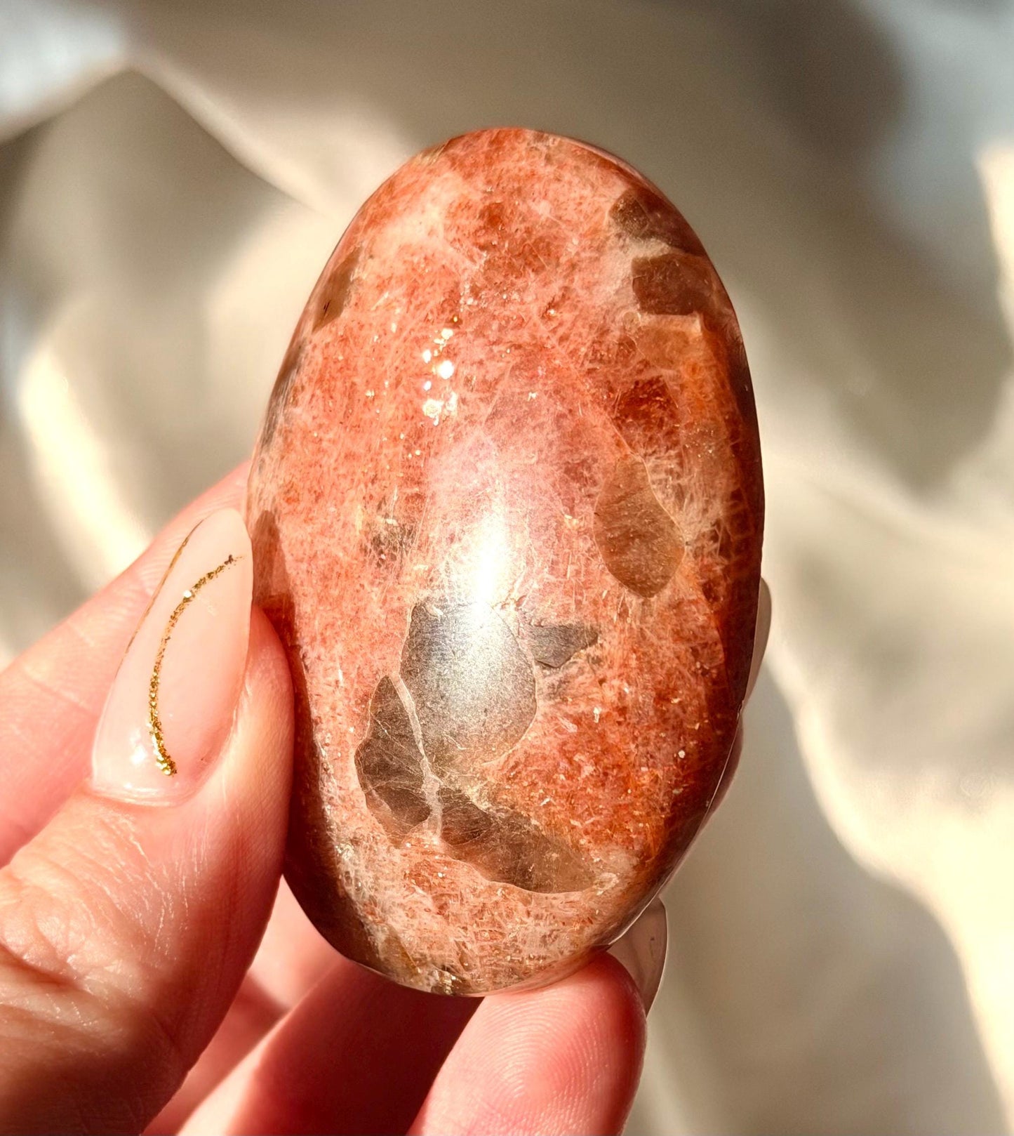 Beautiful Sunstone with Smoky Quartz Palmstone | White Flash Sunstone with Sparkle | Flashy Sunstone Palm Stone