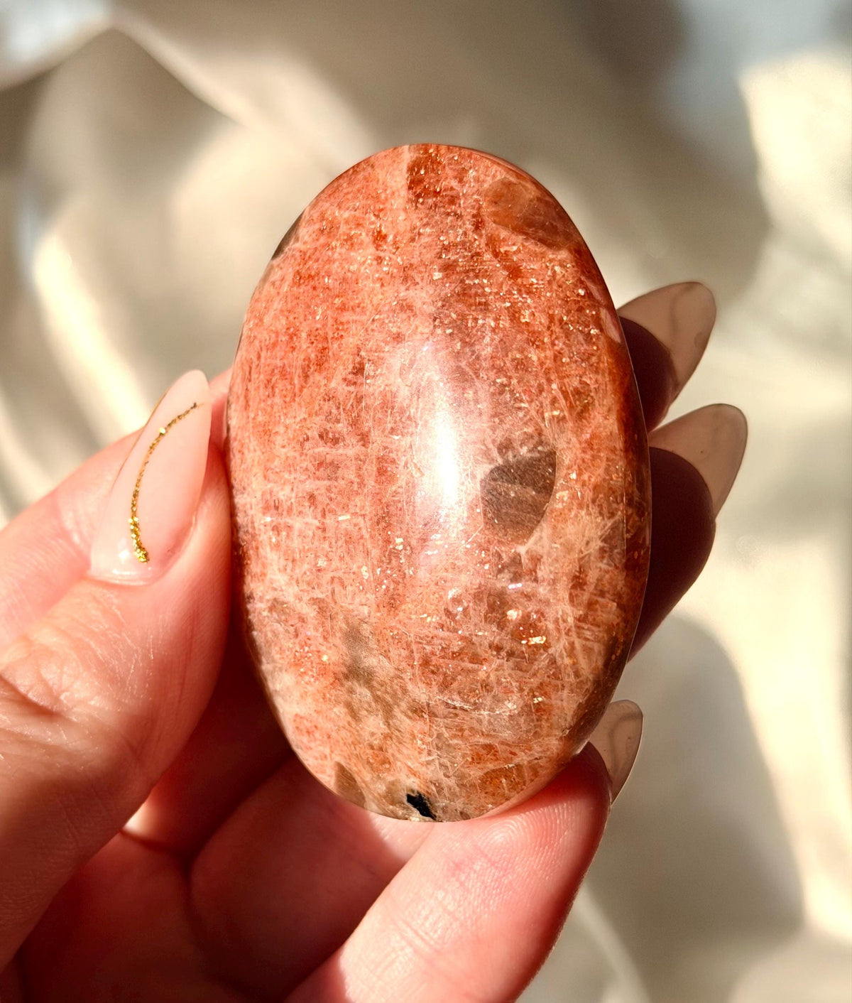 Beautiful Sunstone with Smoky Quartz Palmstone | White Flash Sunstone with Sparkle | Flashy Sunstone Palm Stone