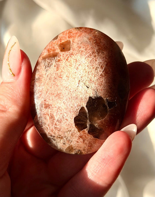 Beautiful Sunstone with Smoky Quartz Palmstone | White Flash Sunstone with Sparkle | Flashy Sunstone Palm Stone