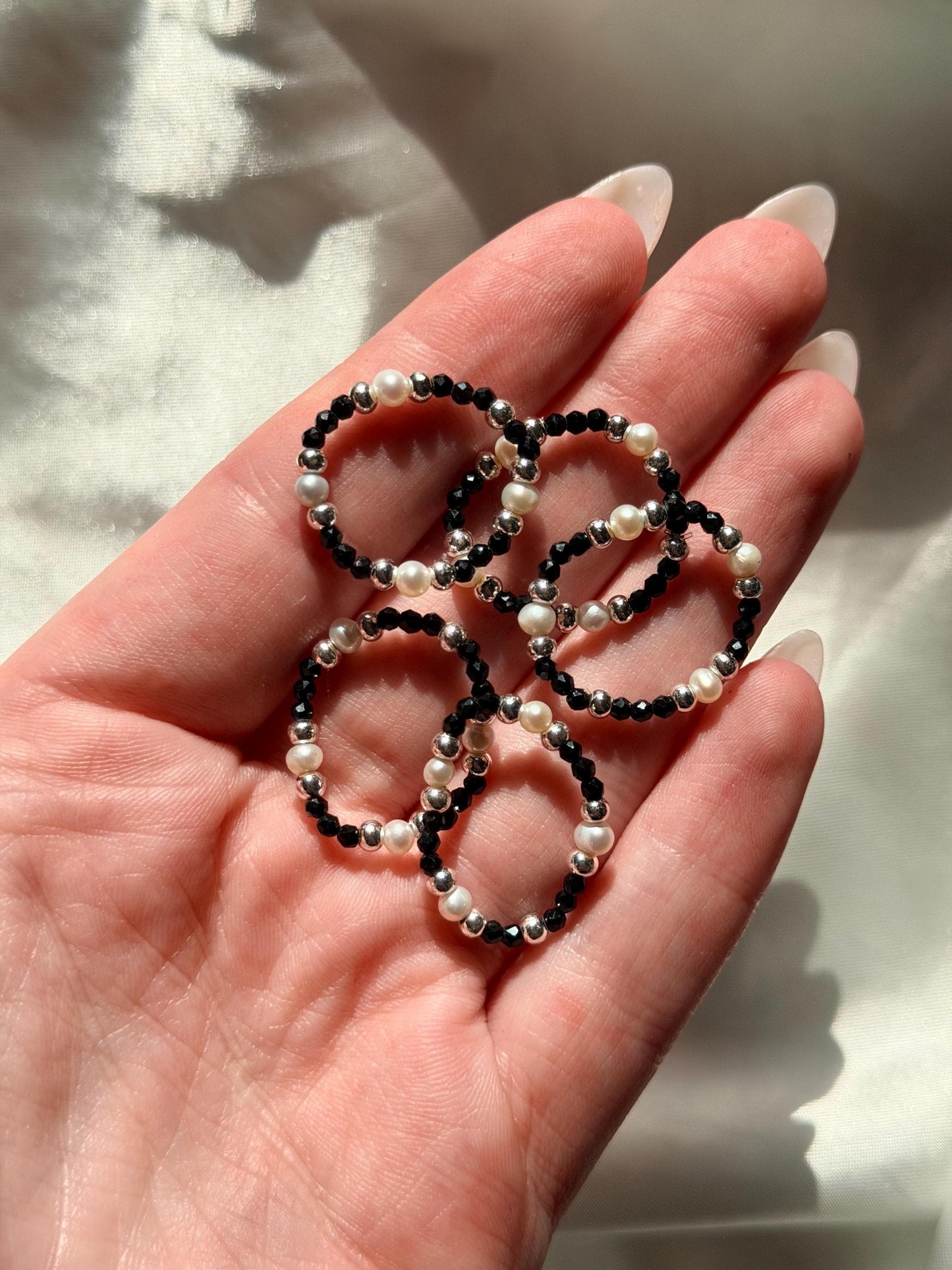 Beautiful Black Spinel & Pearl Beaded Rings | Gemstone Ring | Crystal Beaded Ring