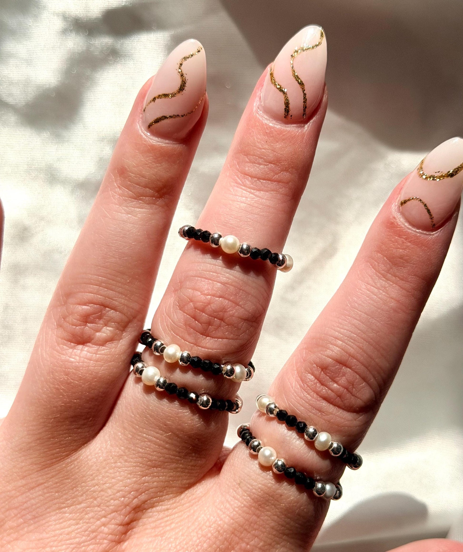 Beautiful Black Spinel & Pearl Beaded Rings | Gemstone Ring | Crystal Beaded Ring