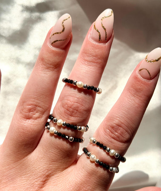Beautiful Black Spinel & Pearl Beaded Rings | Gemstone Ring | Crystal Beaded Ring