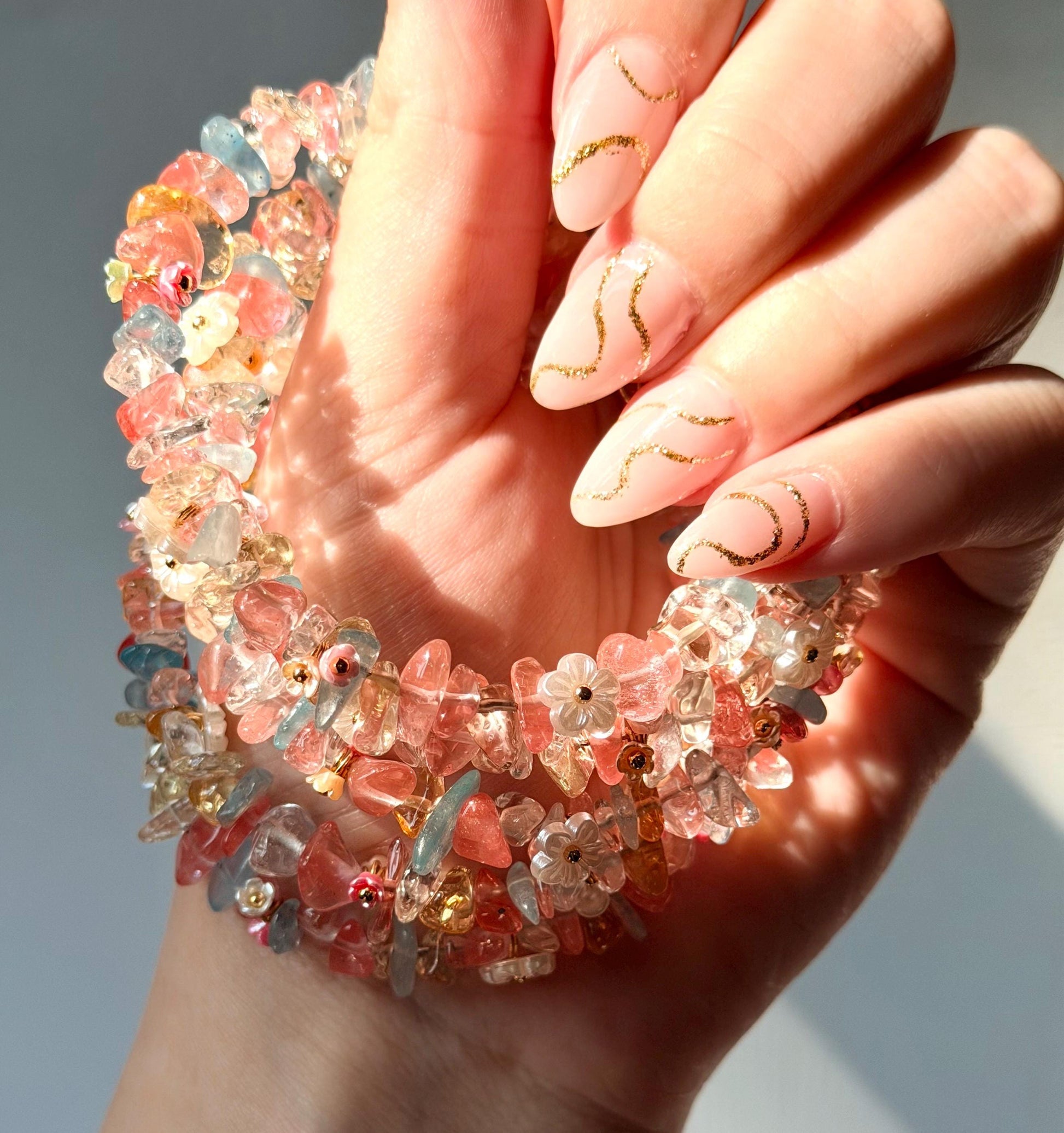 Mixed Crystals Chip Bracelet | Morganite & Clear Quartz Bracelet with Lobster Clasp