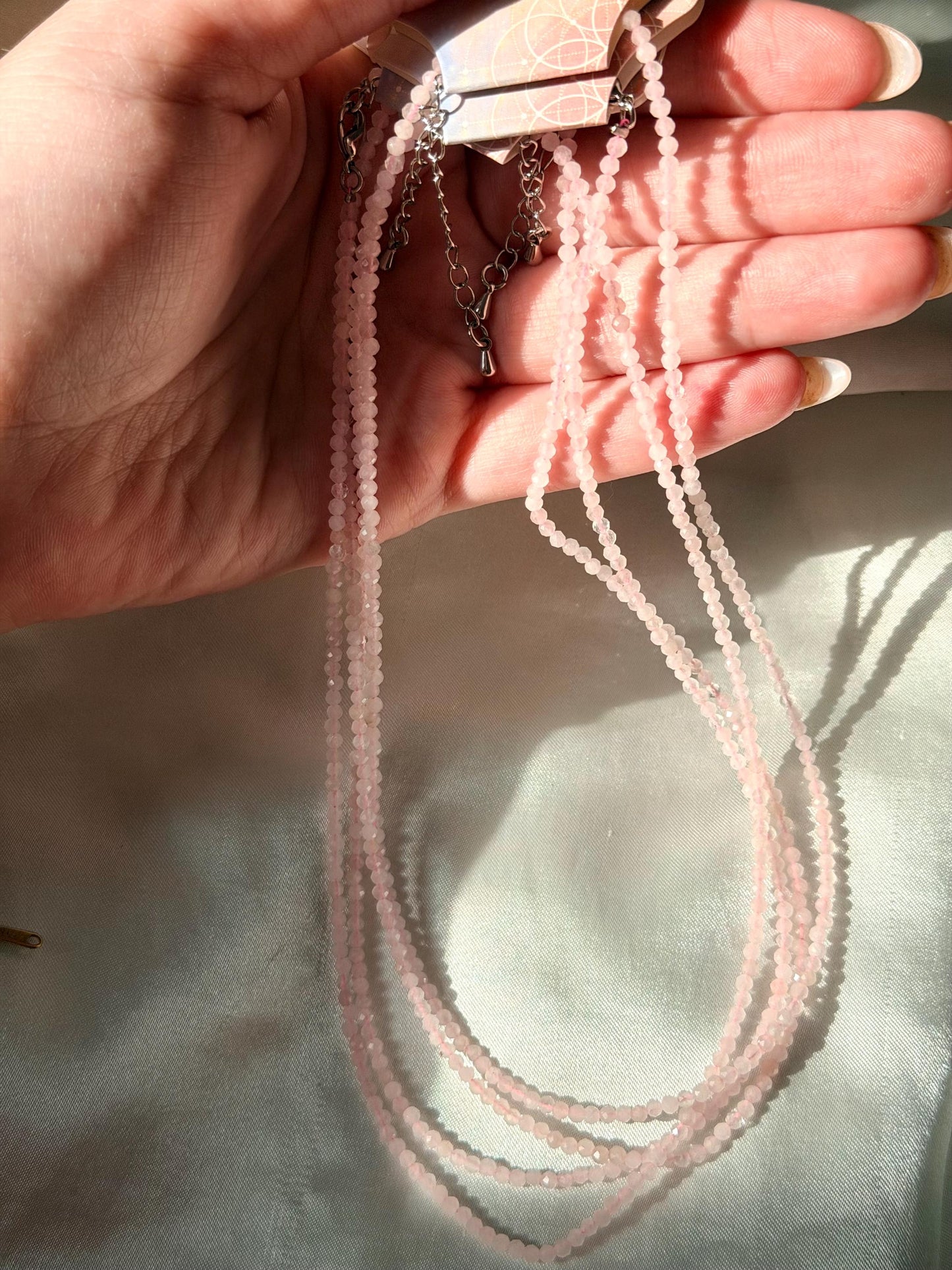 Beautiful Rose Quartz Necklace | 3mm Rose Quartz Beaded Adjustable Necklace