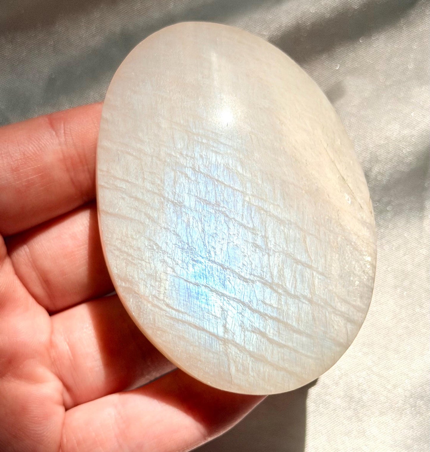 Stunning Moonstone Palm Stone with Blue Flash | Flashy White Moonstone Worry Stone