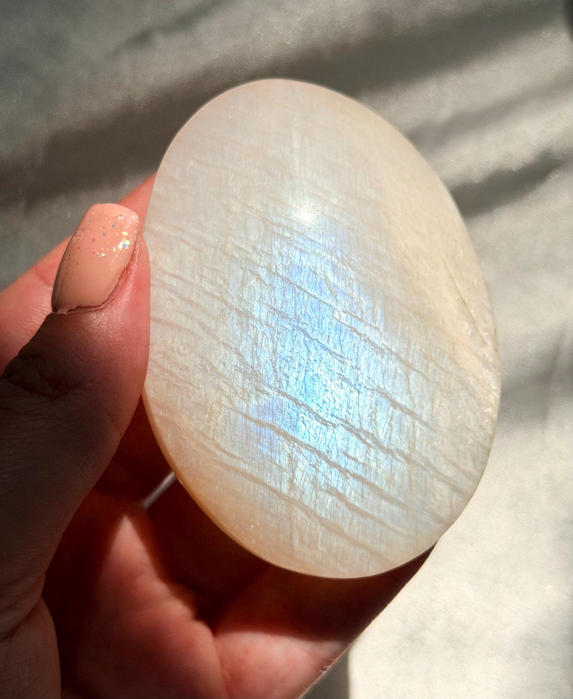 Stunning Moonstone Palm Stone with Blue Flash | Flashy White Moonstone Worry Stone