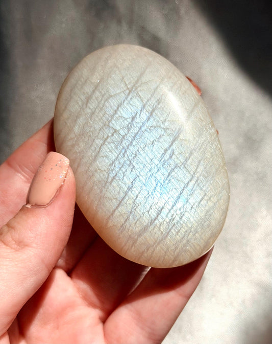 Stunning Moonstone Palm Stone with Blue Flash | Flashy White Moonstone Worry Stone