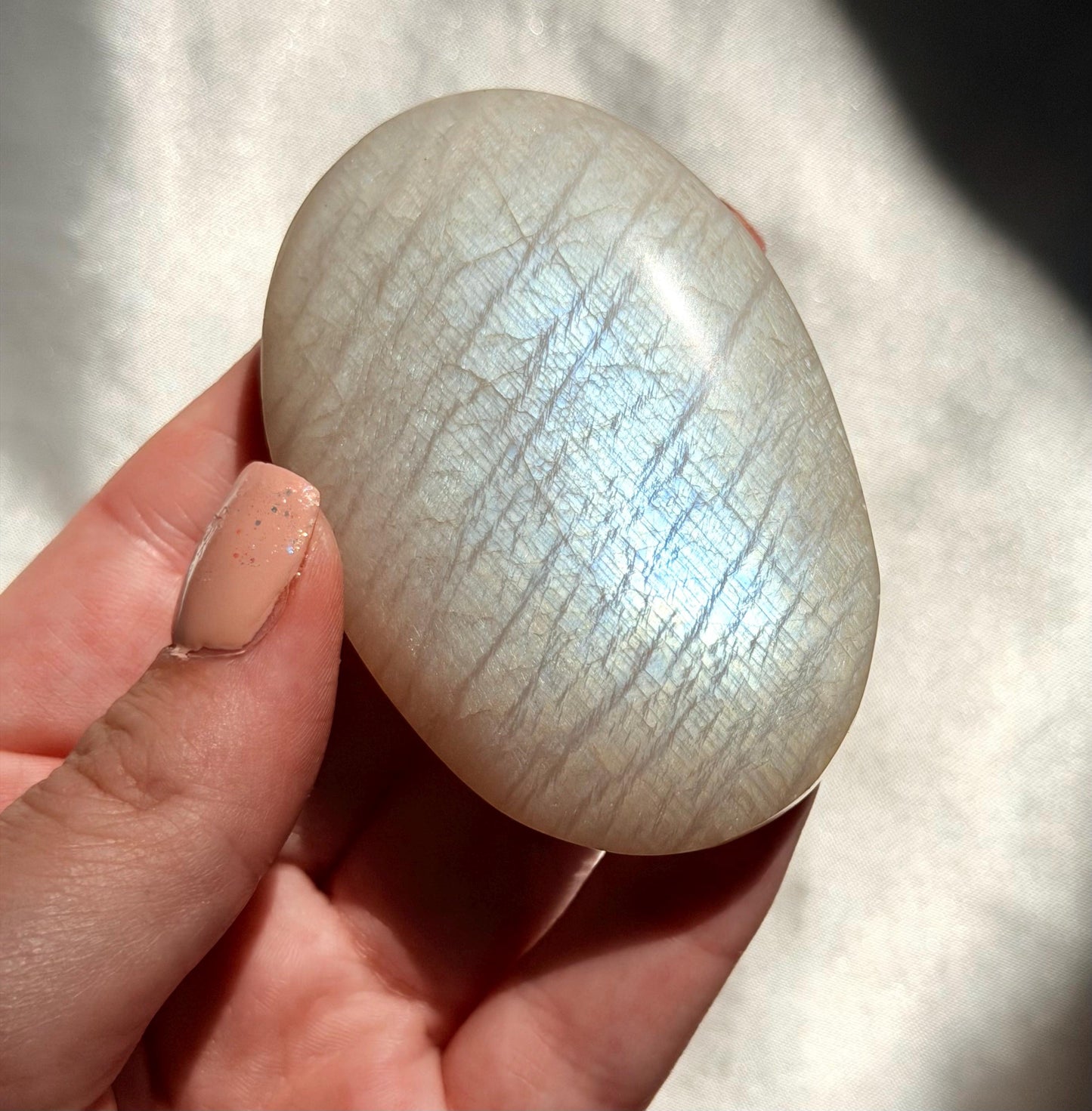 Stunning Moonstone Palm Stone with Blue Flash | Flashy White Moonstone Worry Stone