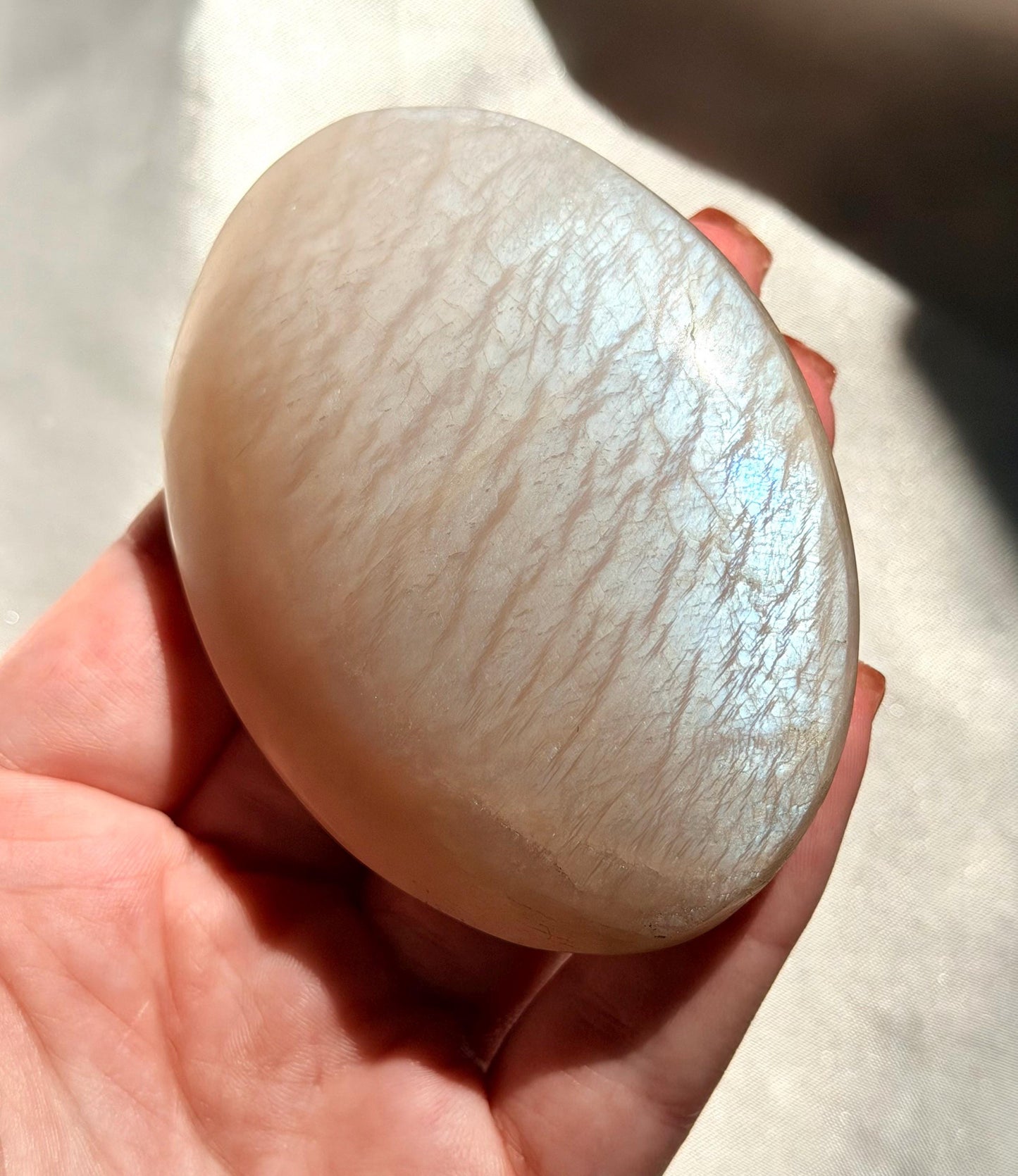Stunning Moonstone Palm Stone with Blue Flash | Flashy White Moonstone Worry Stone