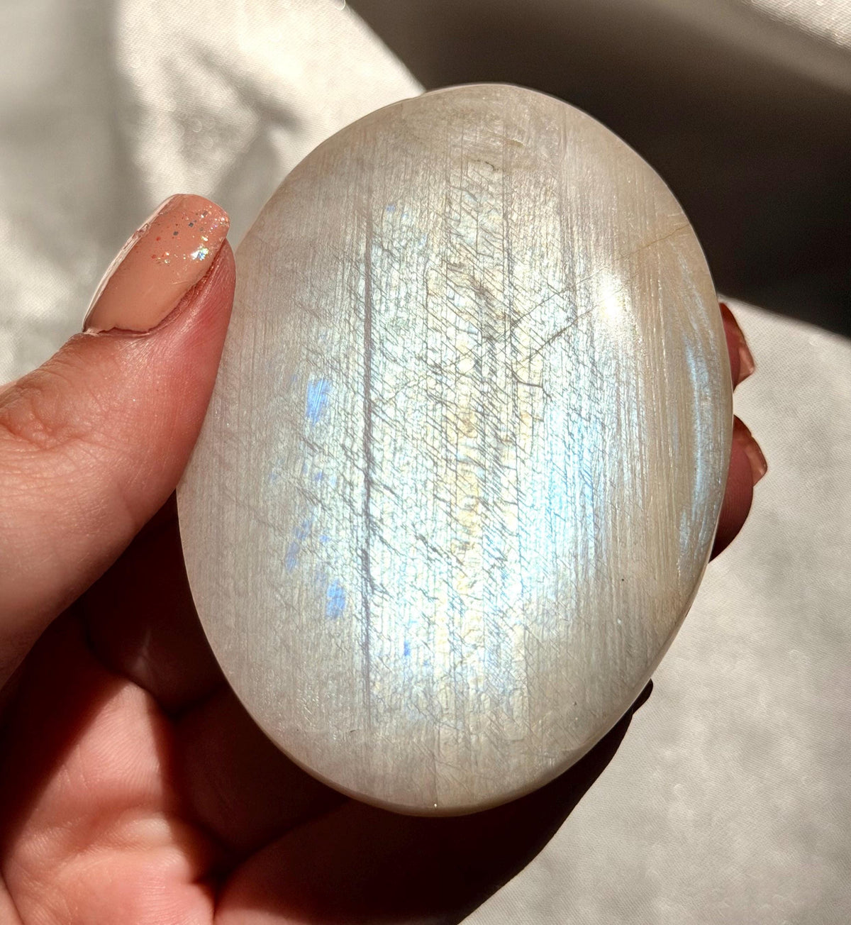 Stunning Moonstone Palm Stone with Blue Flash | Flashy White Moonstone Worry Stone