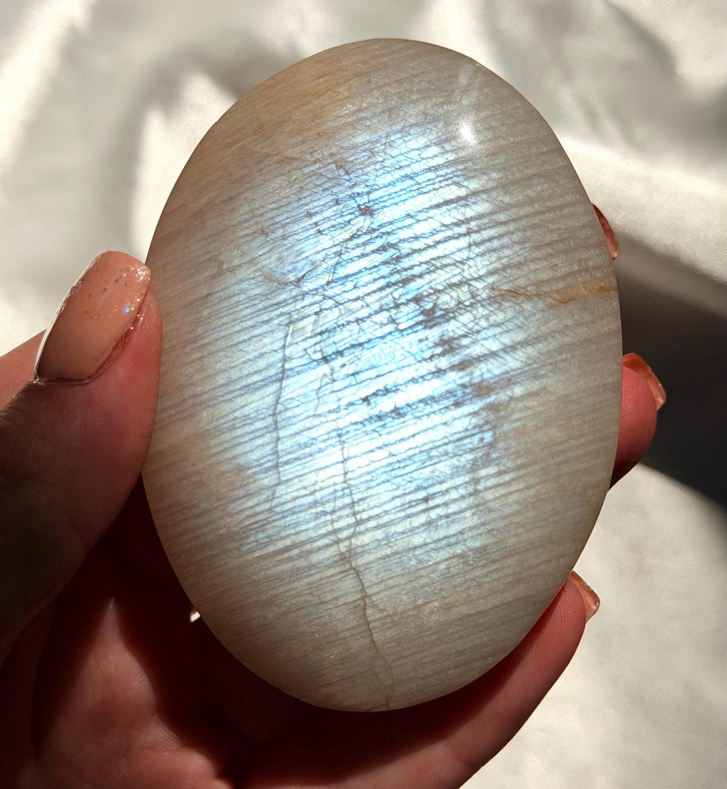 Stunning Moonstone Palm Stone with Blue Flash | Flashy White Moonstone Worry Stone