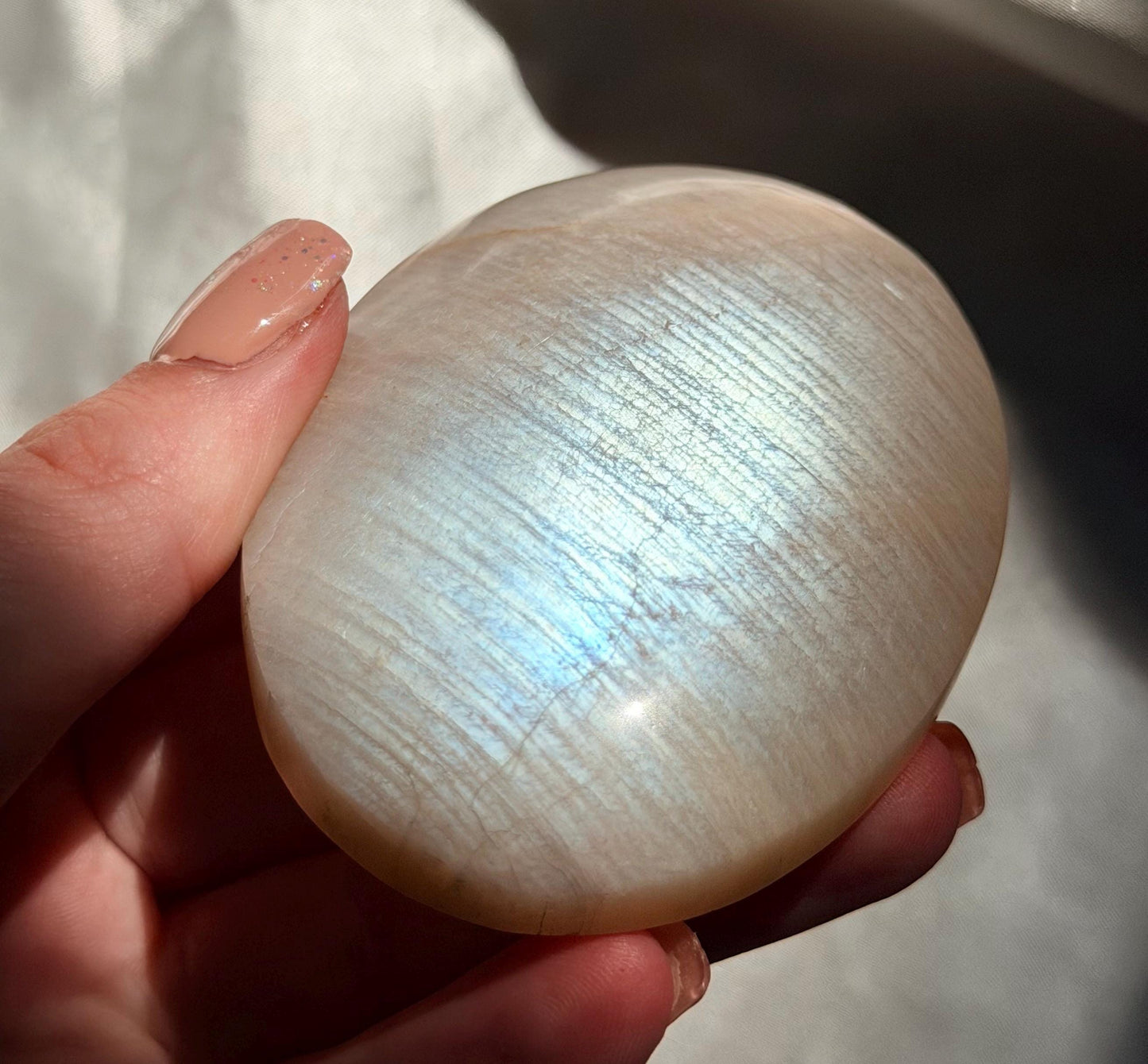 Stunning Moonstone Palm Stone with Blue Flash | Flashy White Moonstone Worry Stone