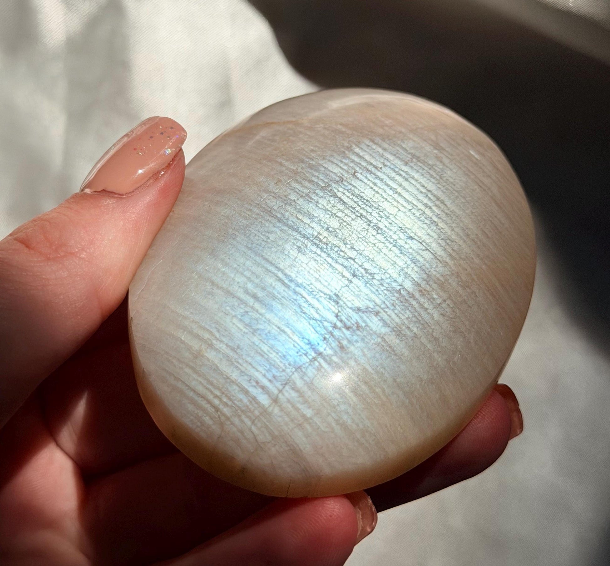 Stunning Moonstone Palm Stone with Blue Flash | Flashy White Moonstone Worry Stone