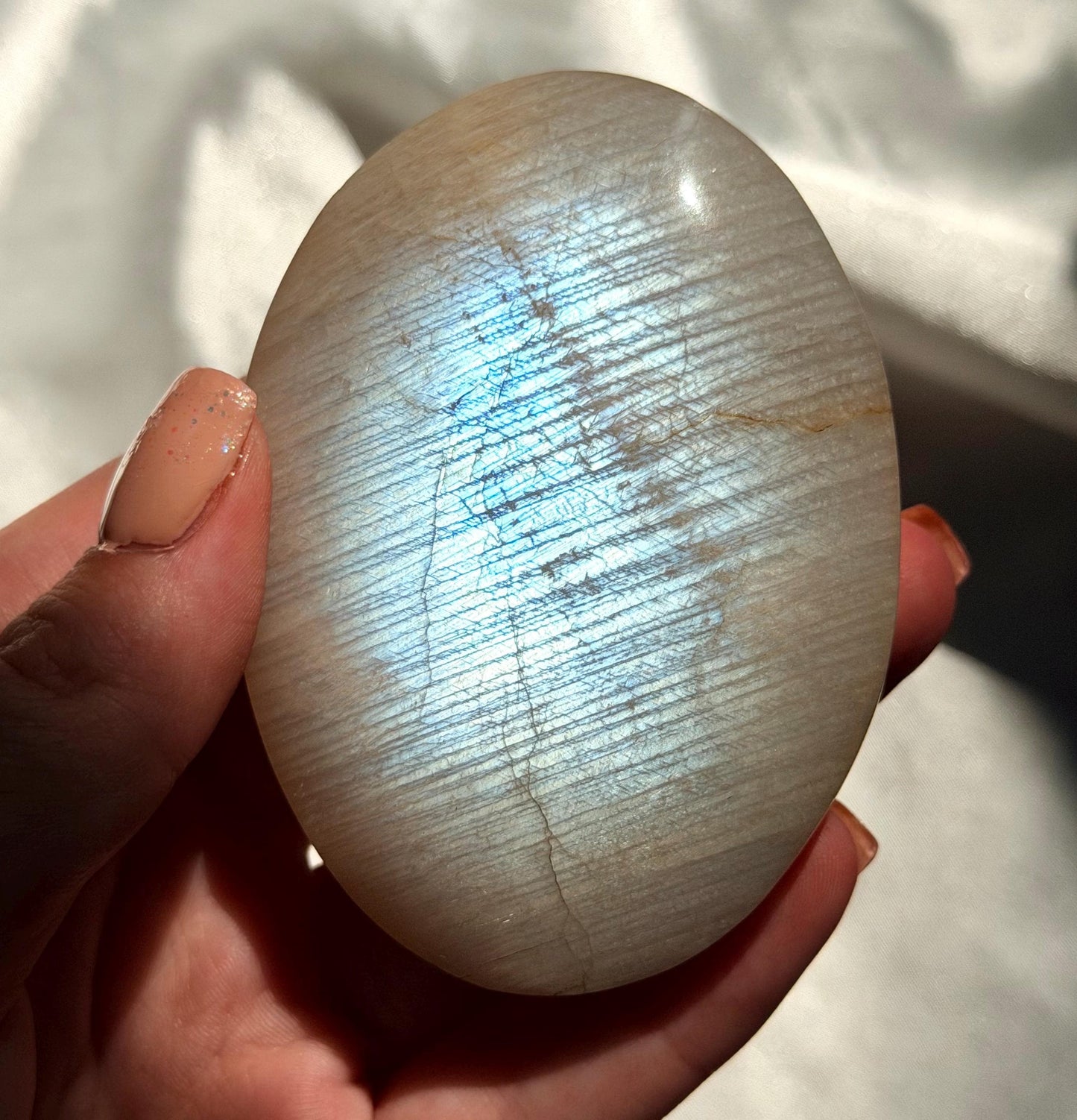 Stunning Moonstone Palm Stone with Blue Flash | Flashy White Moonstone Worry Stone