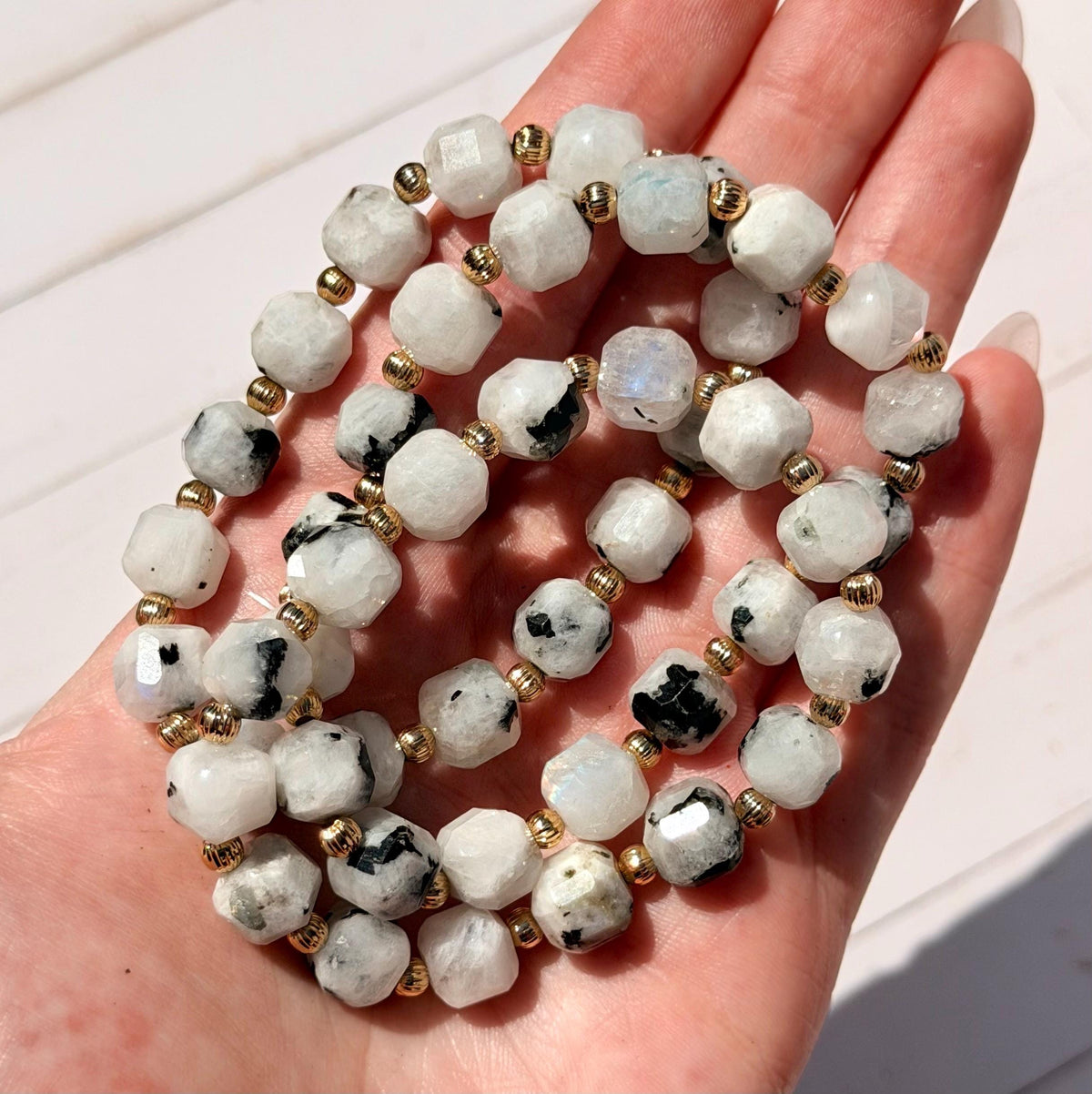 Moonstone Cube Bracelet with Gold Filled Accent Beads | Rainbow Moonstone Bracelet