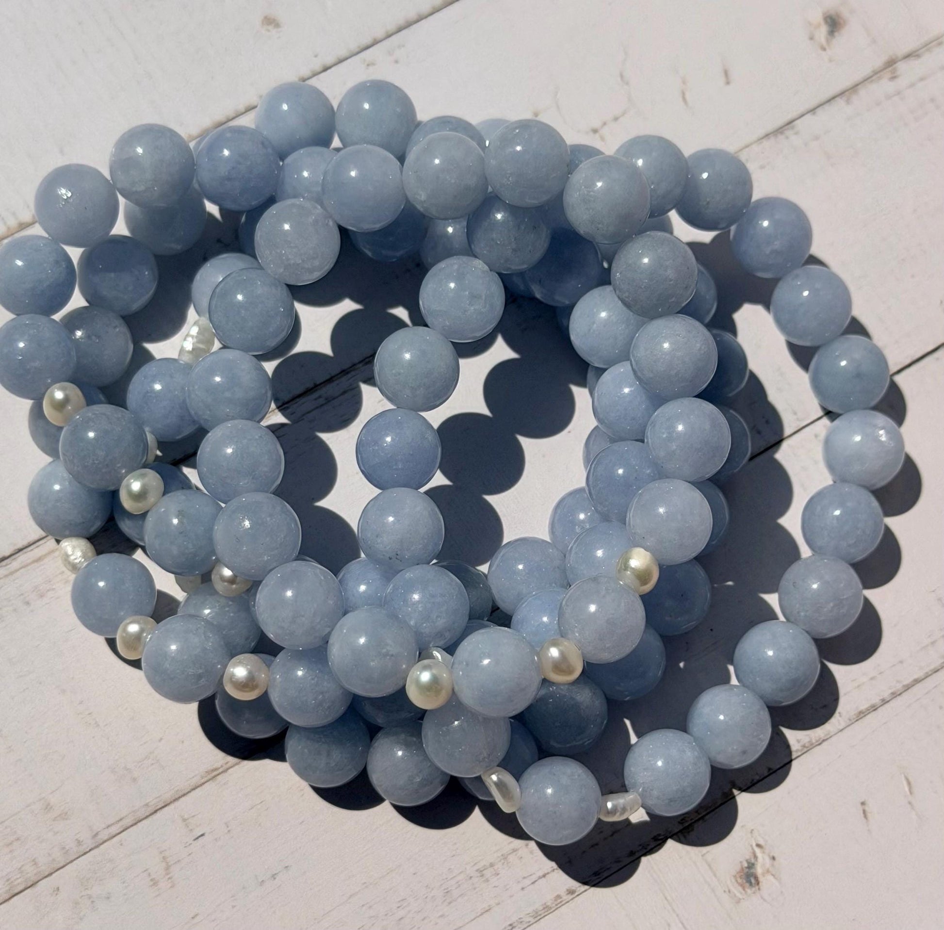 Aquamarine with Freshwater Pearls Beaded Bracelet | 8mm Aquamarine Bracelet | Aquamarine & Pearl Gemstone Bracelet