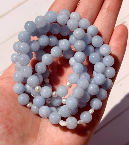 Aquamarine with Freshwater Pearls Beaded Bracelet | 8mm Aquamarine Bracelet | Aquamarine & Pearl Gemstone Bracelet