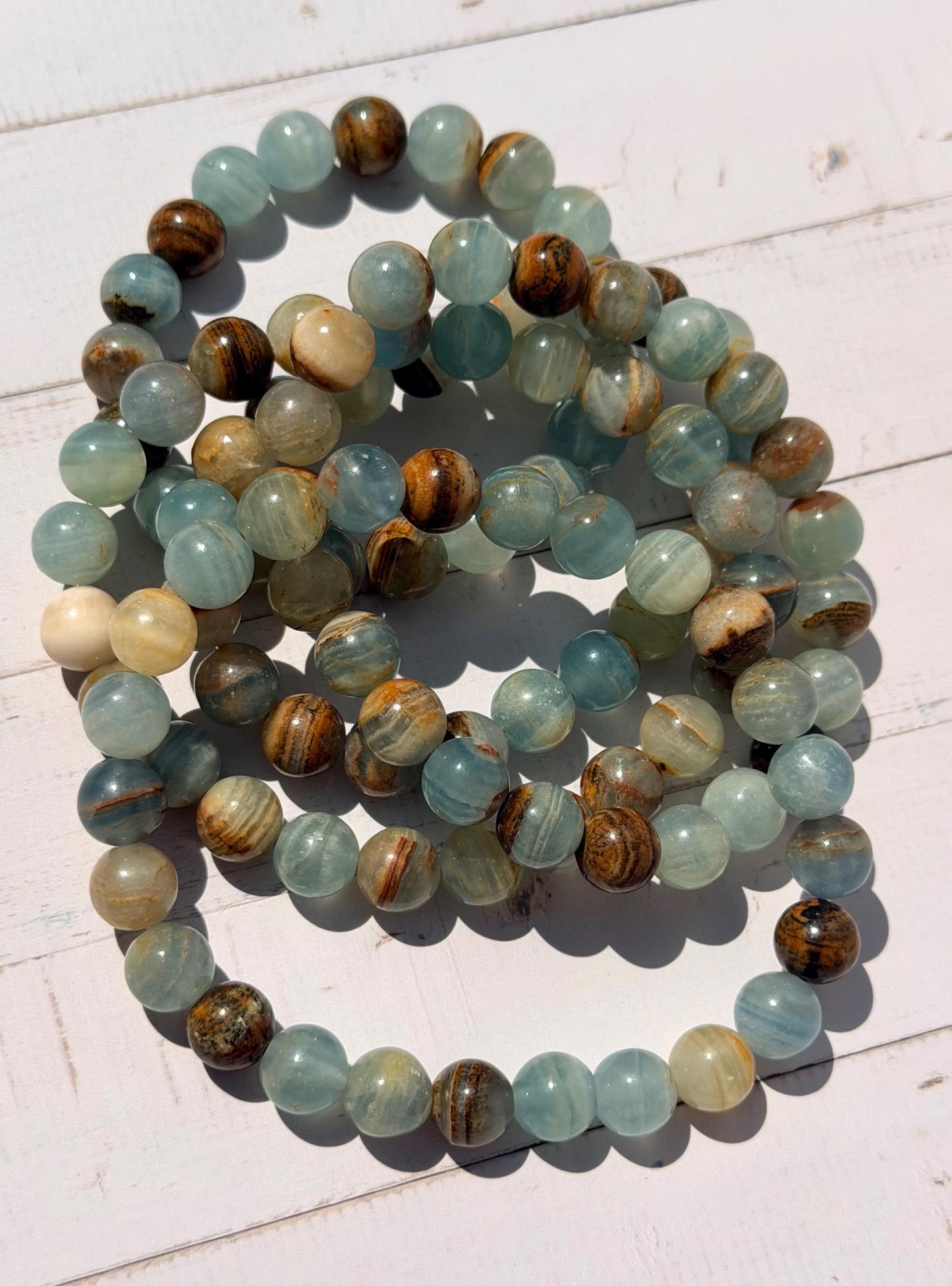 Blue Aquatine Calcite Beaded Bracelet | Blue Onyx Bracelet 8mm Blue Onyx Banded Blue Calcite Gemstone Bracelet
