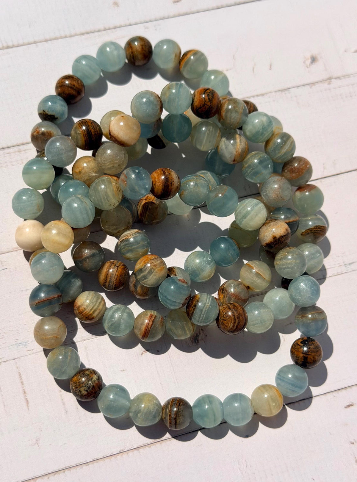 Blue Aquatine Calcite Beaded Bracelet | Blue Onyx Bracelet 8mm Blue Onyx Banded Blue Calcite Gemstone Bracelet