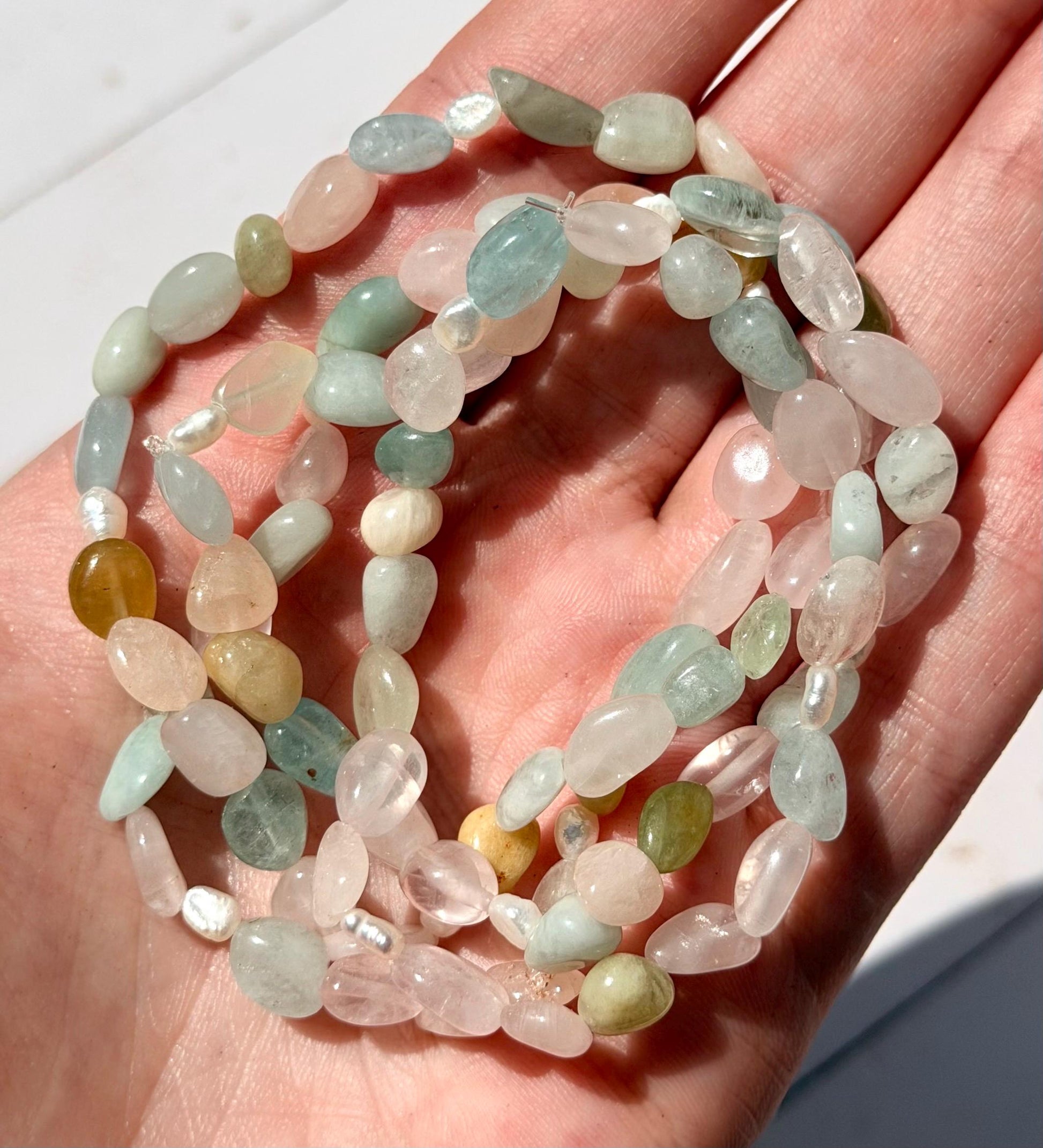 Morganite with Pearl Bracelet | Morganite Bracelet with Pearls | Stretchy Beryl Bracelet