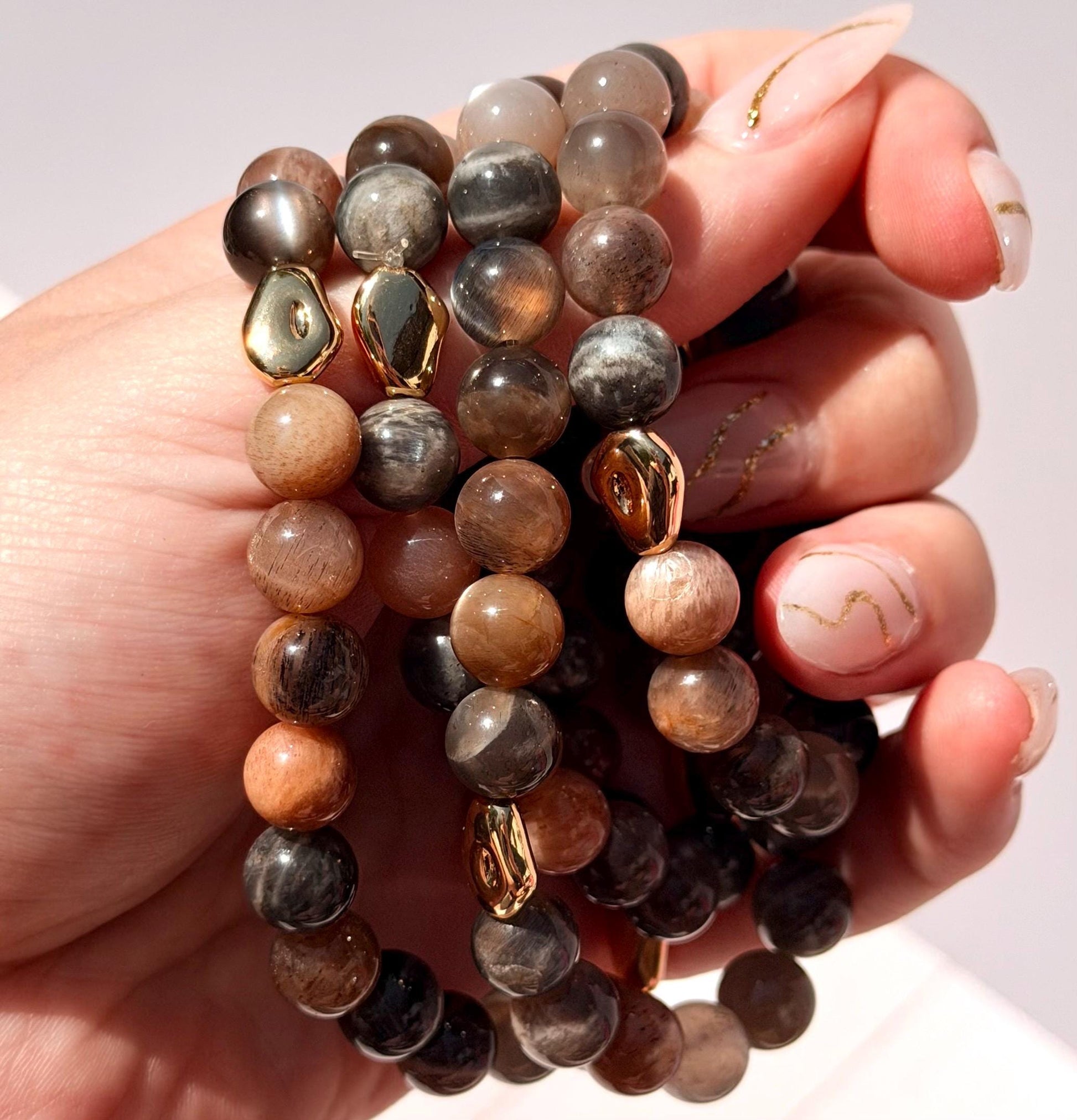 Chocolate Moonstone with Sunstone Bracelet with Gold Plated Accents | 8mm Chocolate Moonstone Bracelet