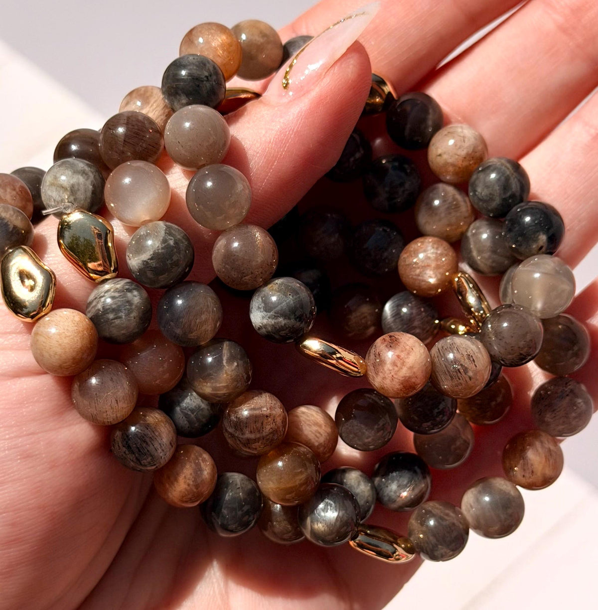 Chocolate Moonstone with Sunstone Bracelet with Gold Plated Accents | 8mm Chocolate Moonstone Bracelet