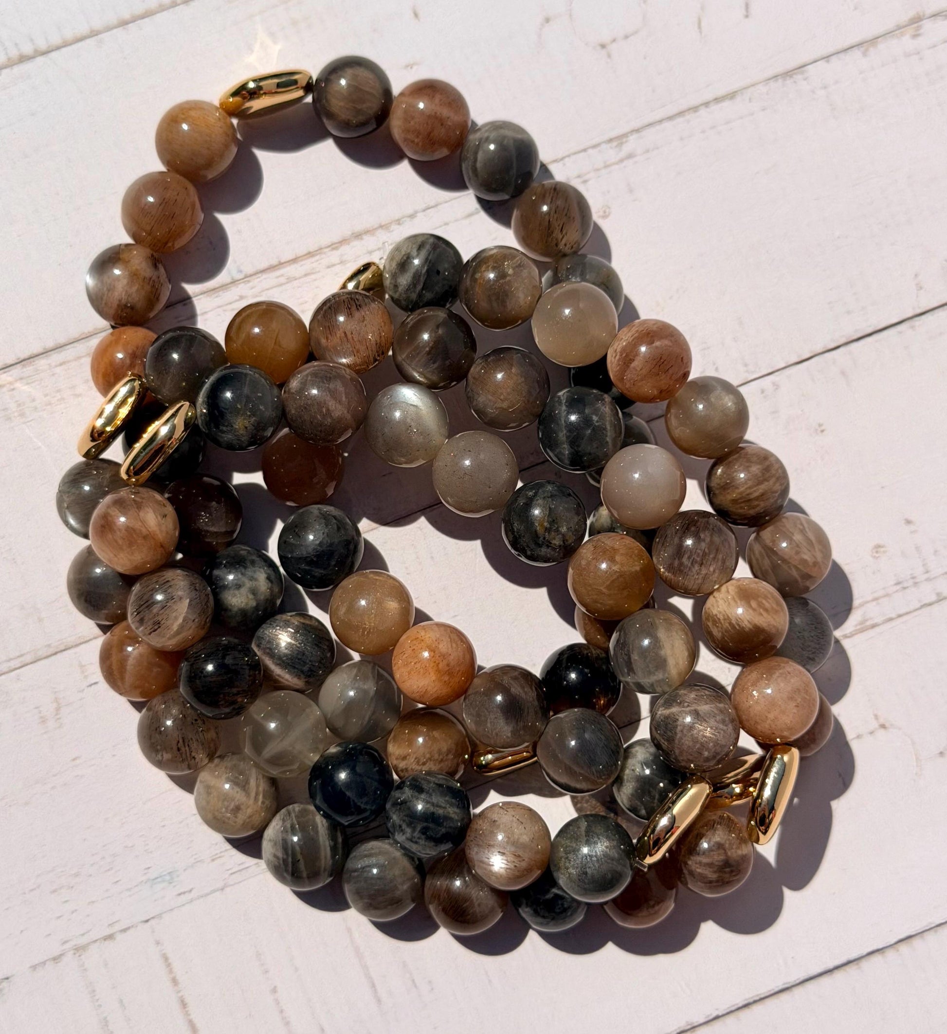 Chocolate Moonstone with Sunstone Bracelet with Gold Plated Accents | 8mm Chocolate Moonstone Bracelet